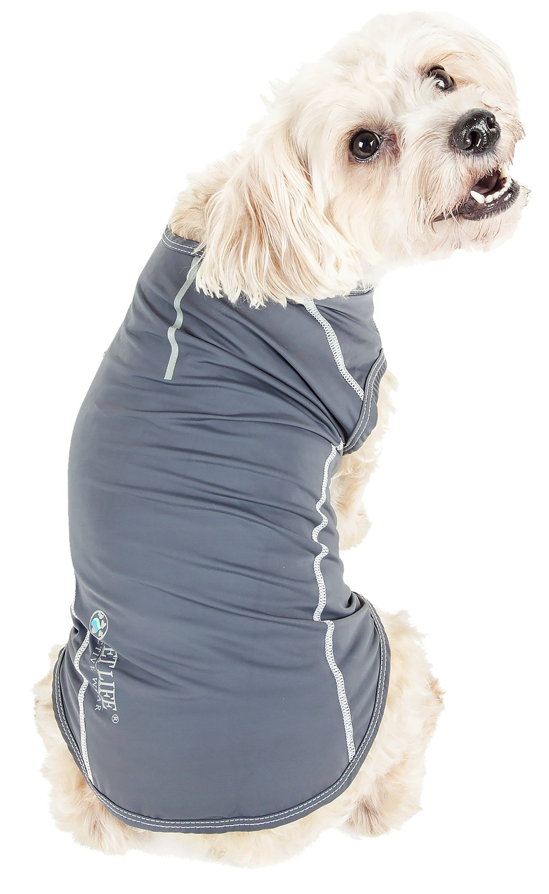 Gray active dog yoga tank top with white trim, zipper-style seam and logo
