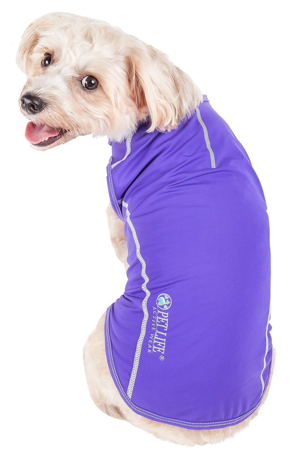 Purple 4-way stretch dog yoga tank shirt with white piping and logo