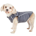 Gray dog yoga T-shirt with white piping and logo at chest