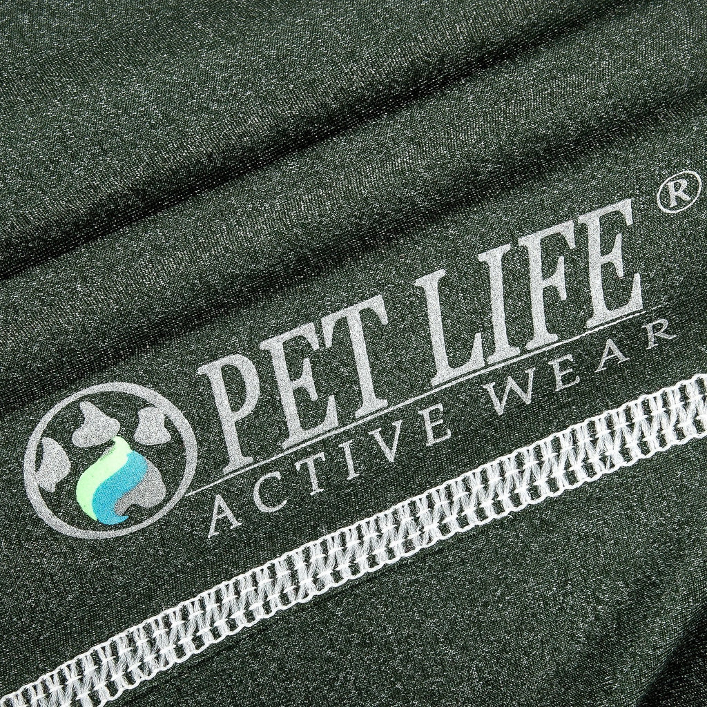 Olive green active dog tank shirt logo strip and white stitching close-up