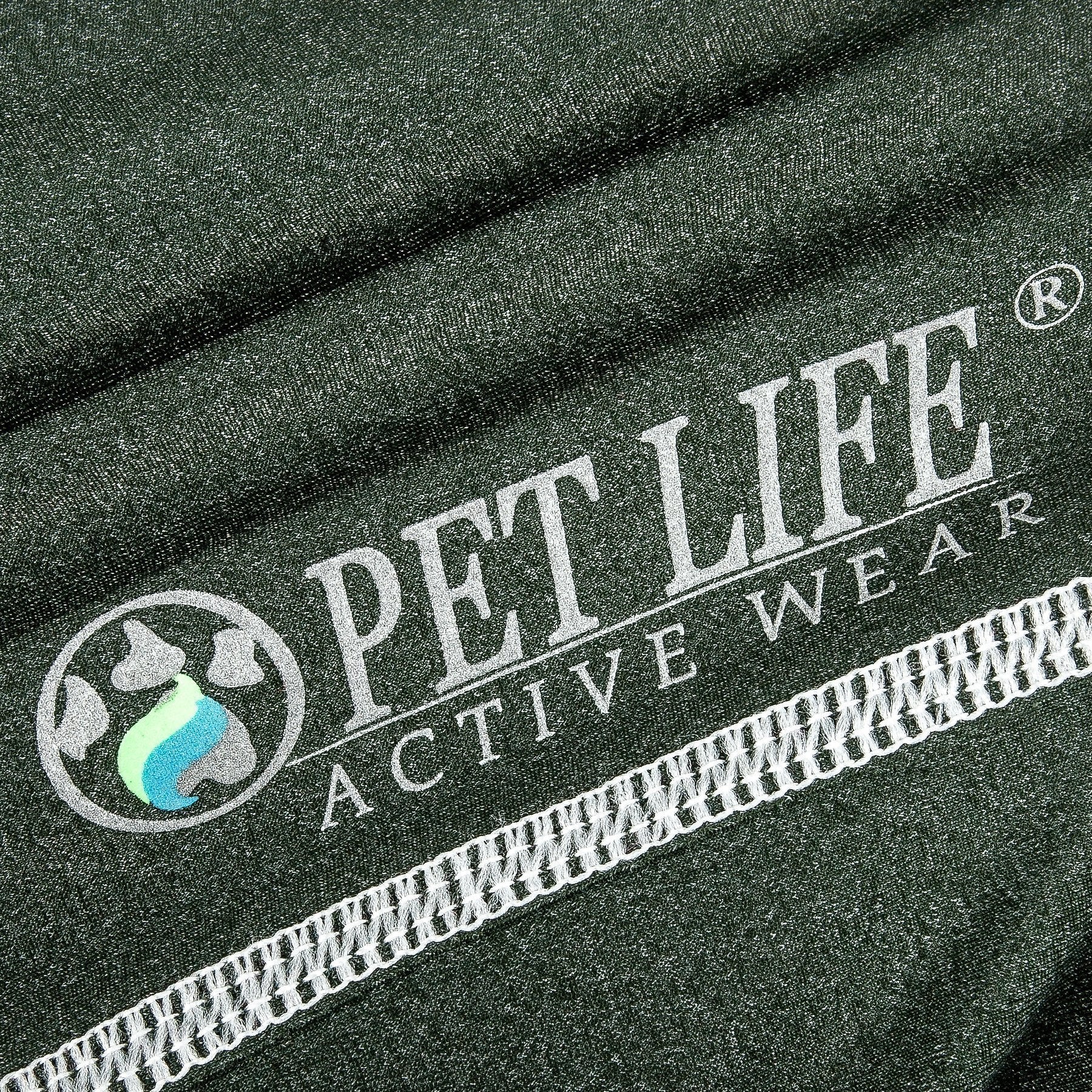 Olive green active dog tank shirt logo strip and white stitching close-up