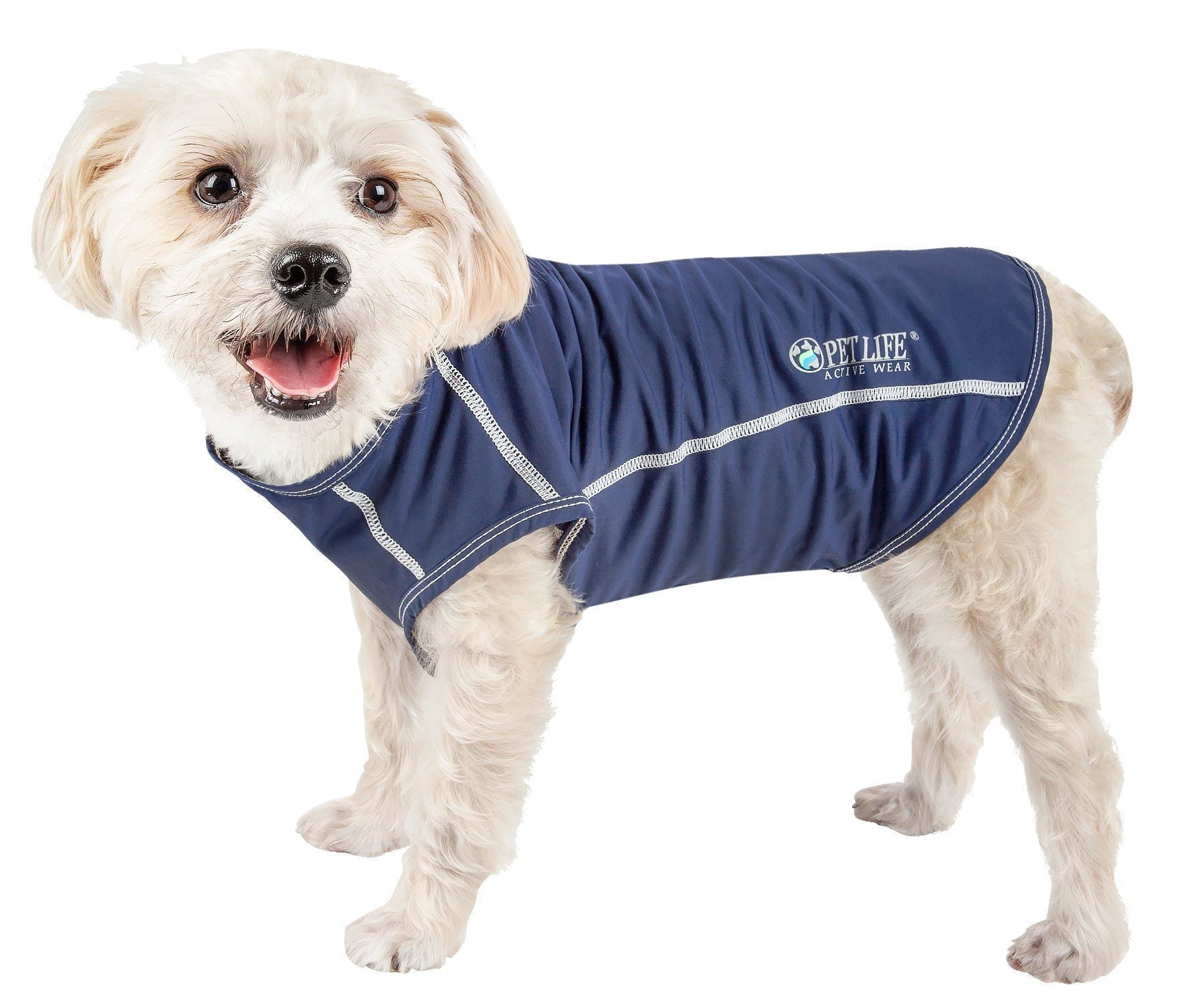 Navy dog yoga T-shirt with white piping and logo at chest