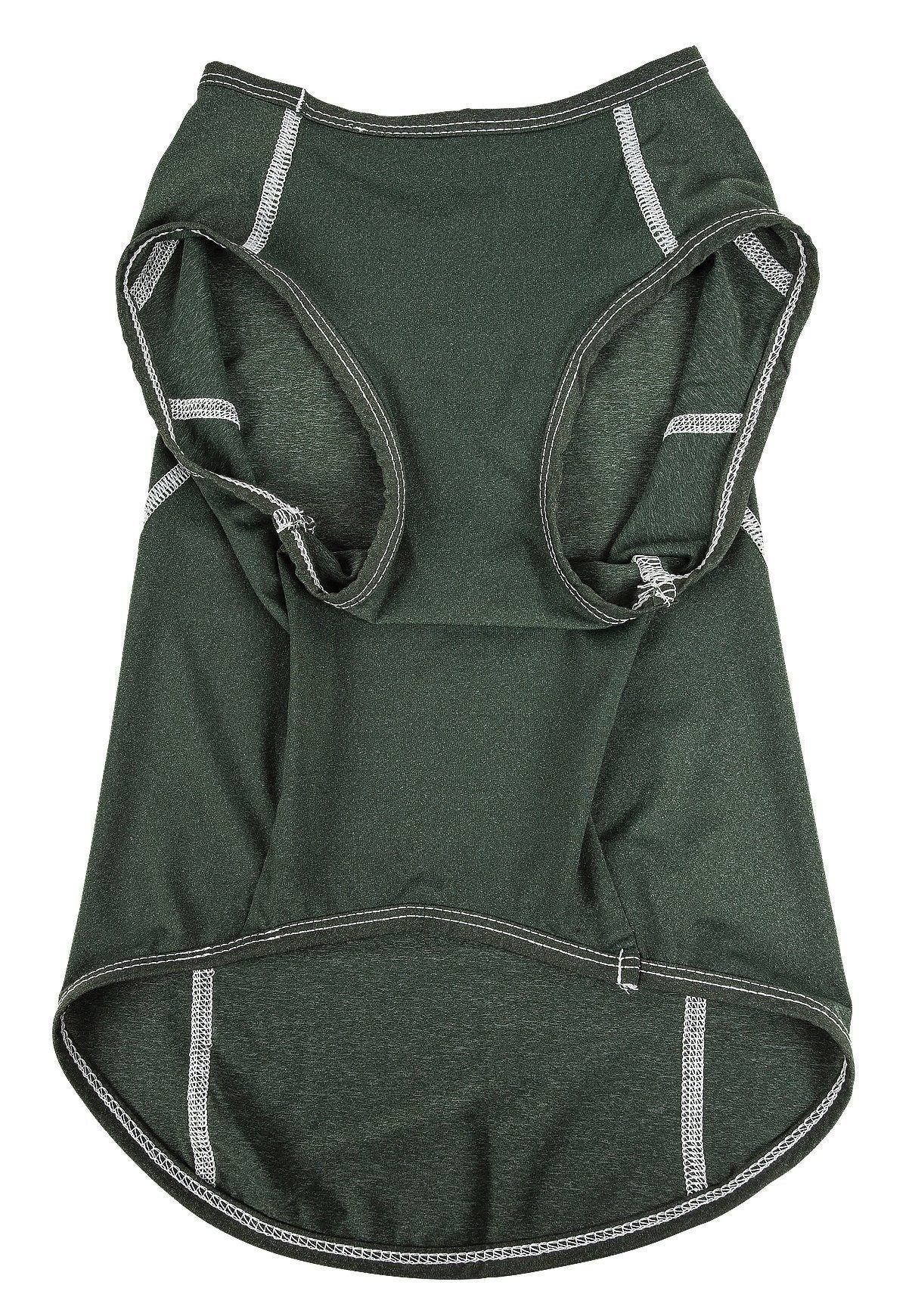 Olive green dog fitness shirt with side cutouts and contrast stitched hem, sleeveless design