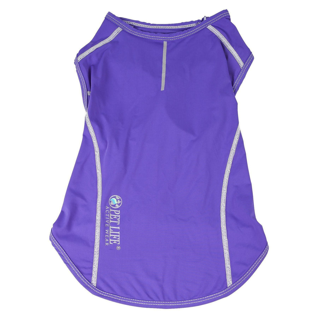 Purple dog tank shirt front view with scoop neck, white piping, and side logo