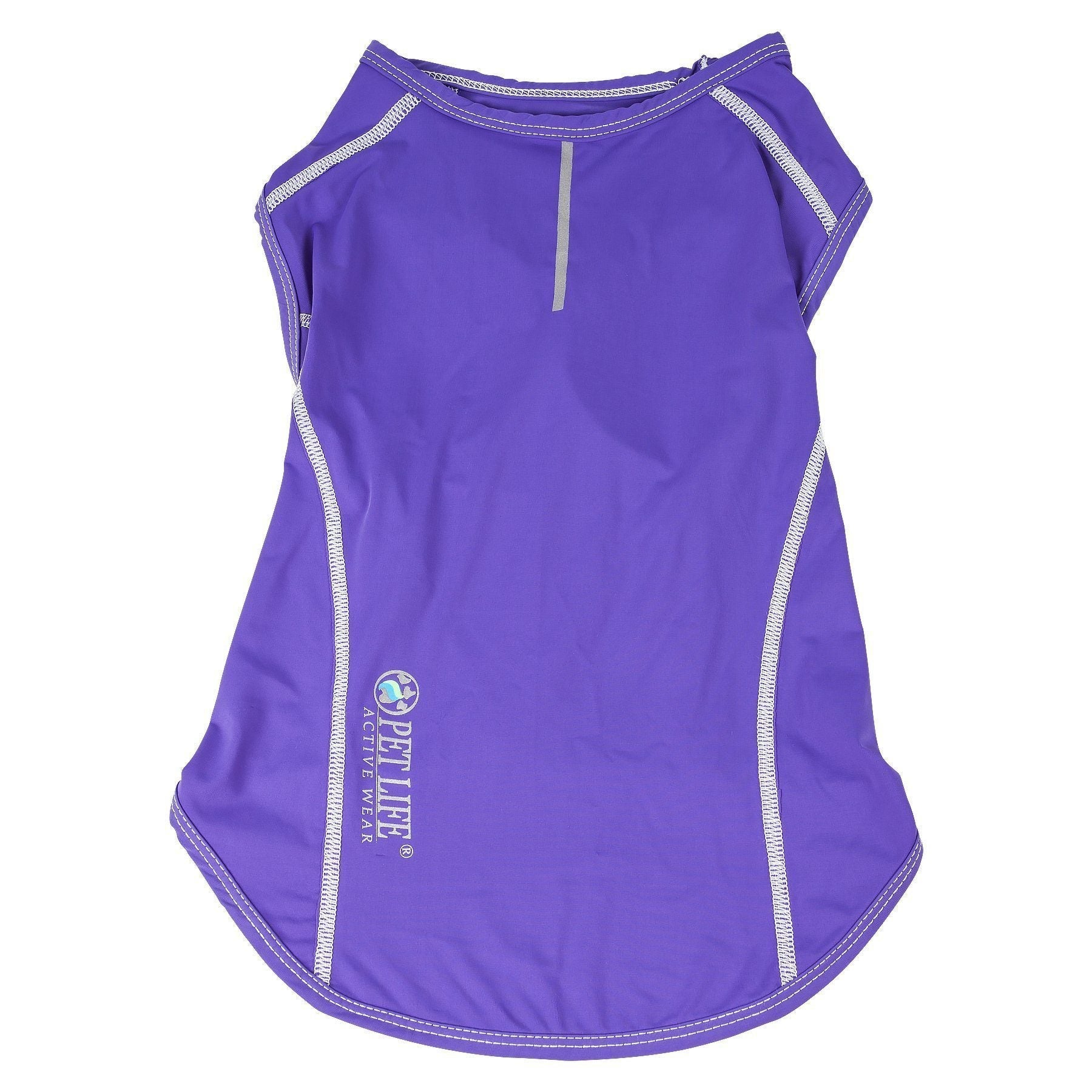Purple dog tank shirt front view with scoop neck, white piping, and side logo
