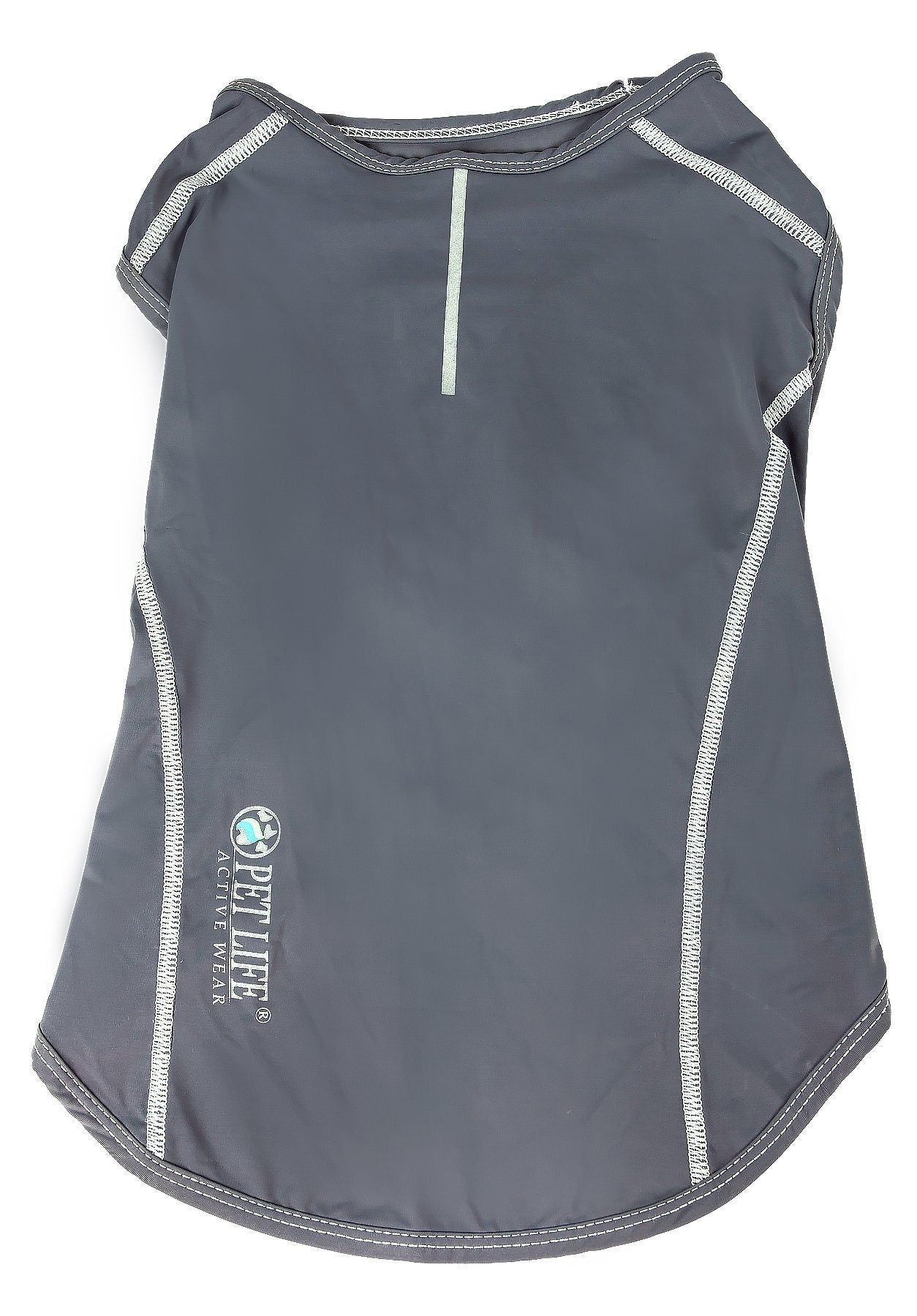 Gray dog tank shirt front view with scoop neck and white piping side seams