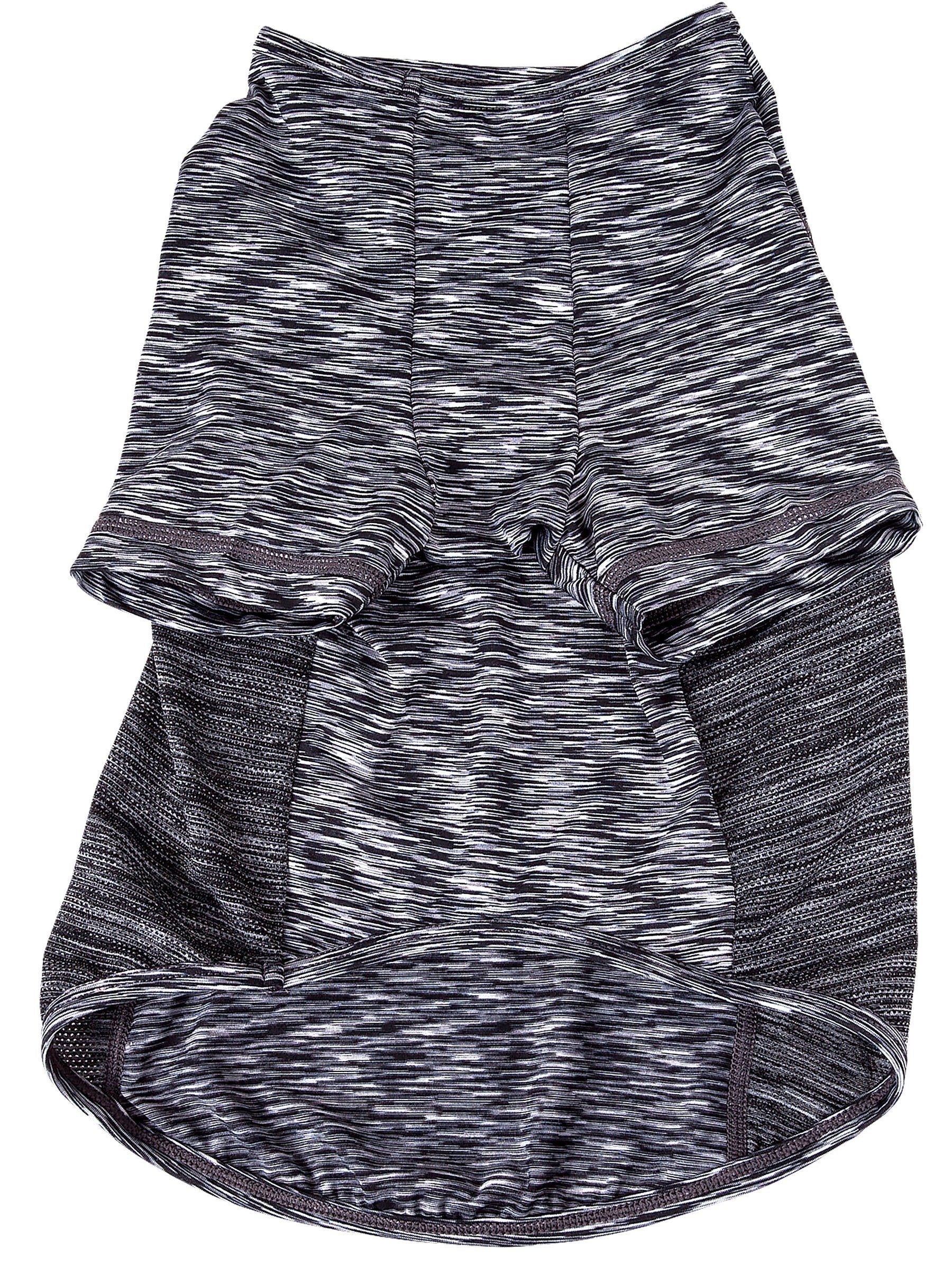 Black heather dog t-shirt with dark side panels and hem, relaxed drape