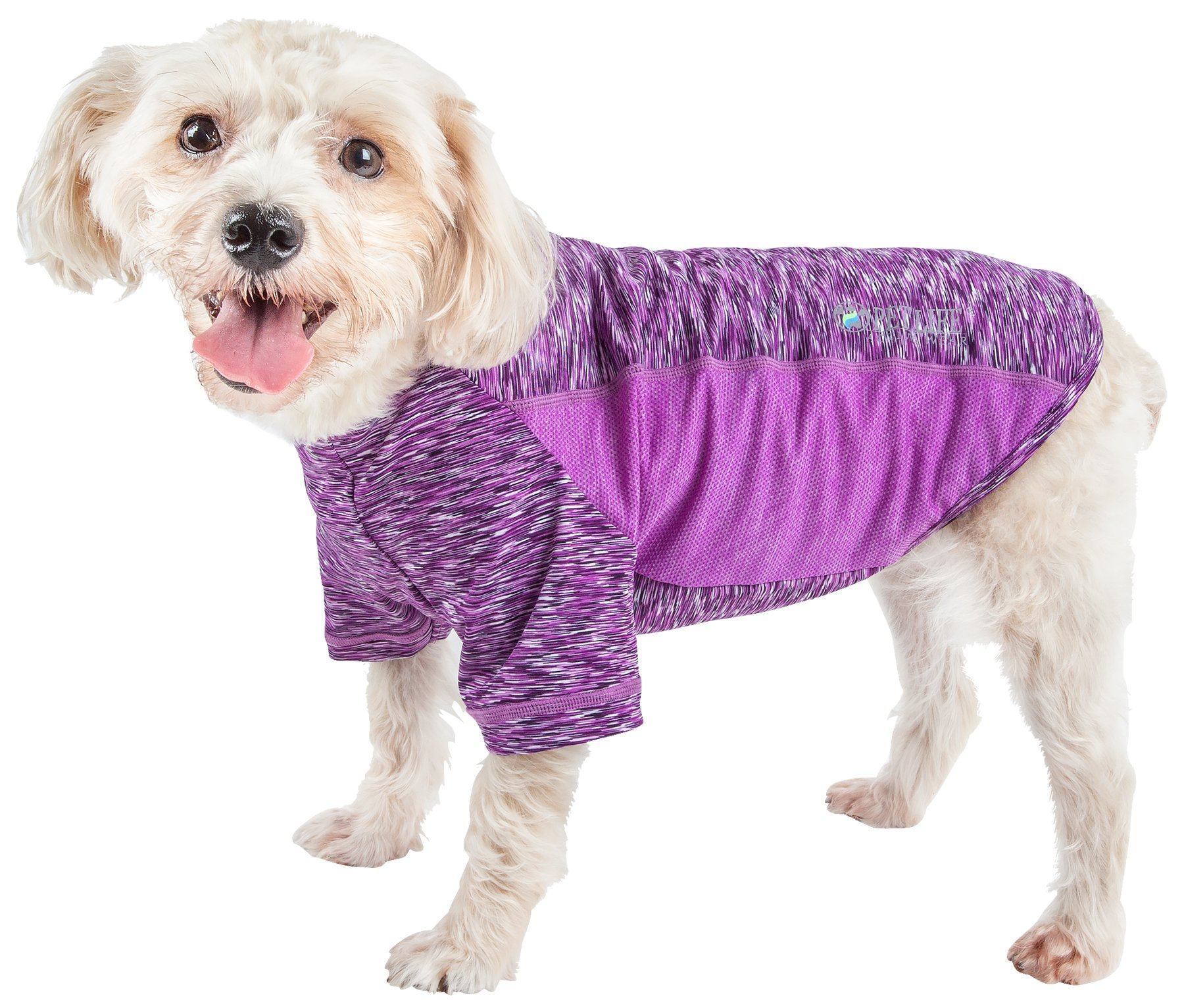 Purple heather ultra-stretch dog yoga T-shirt with purple contrast chest panel