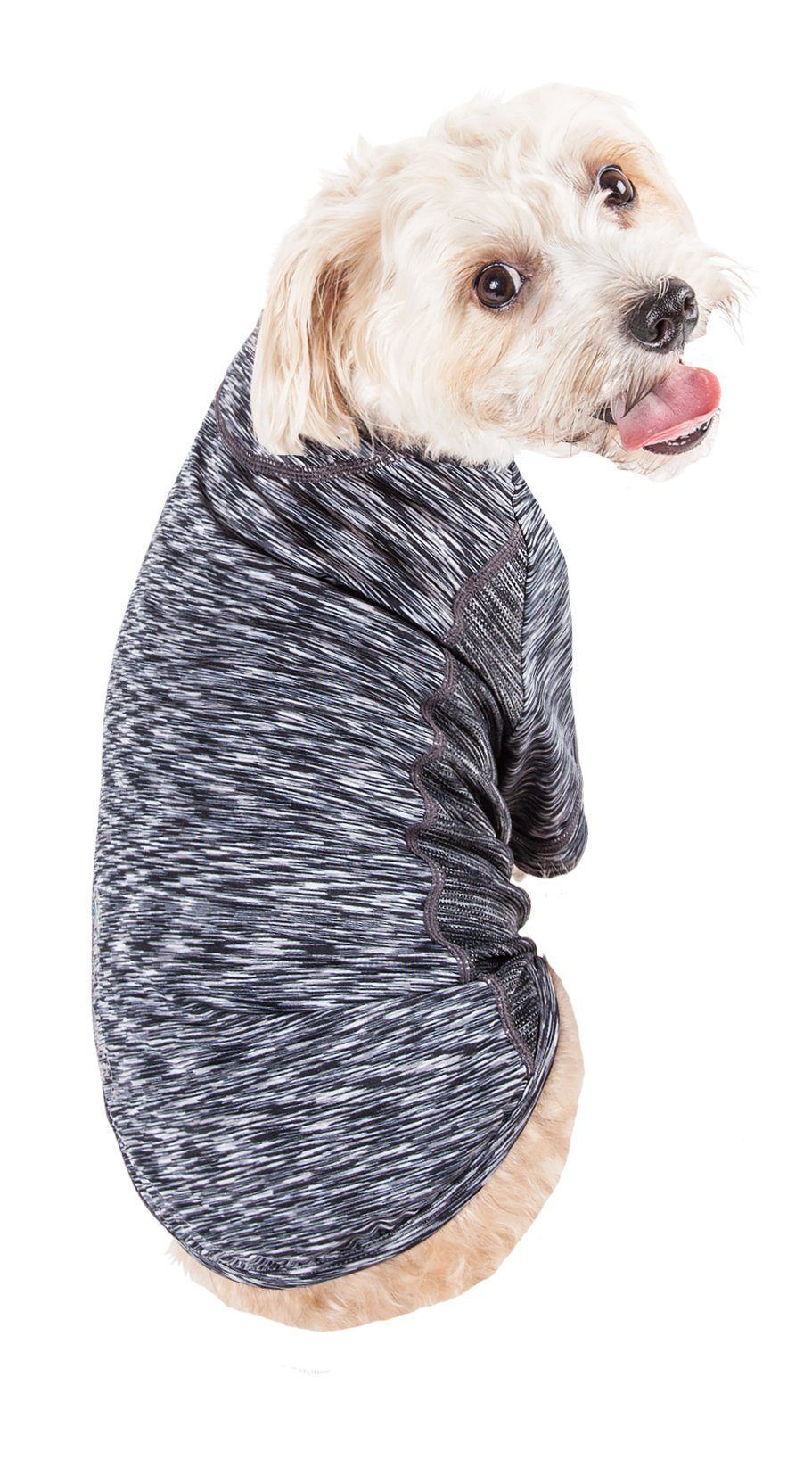 Blue heather dog t-shirt with dark trim, short sleeves, scoop neck