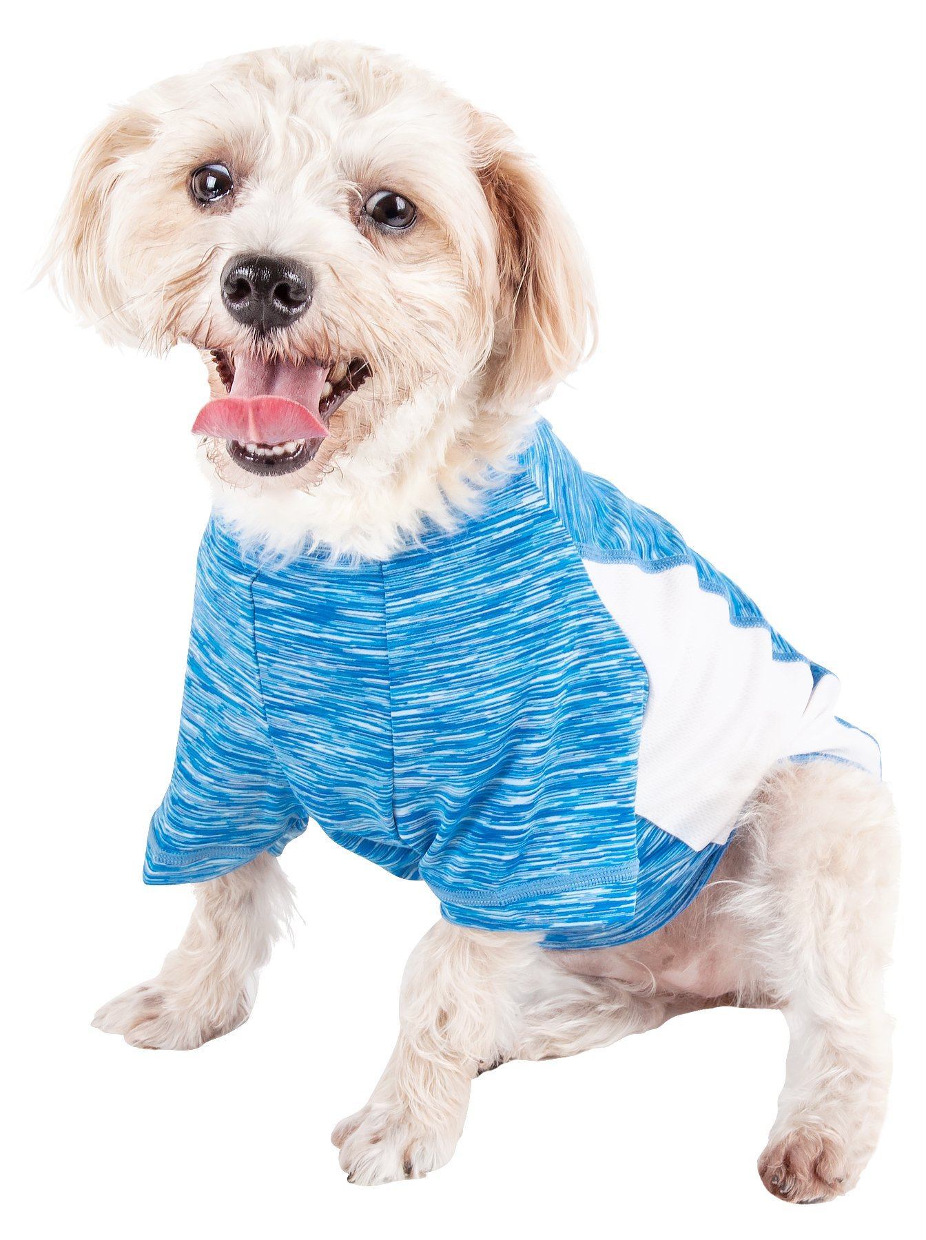 Blue heather dog yoga T-shirt with white side panels, crew neck