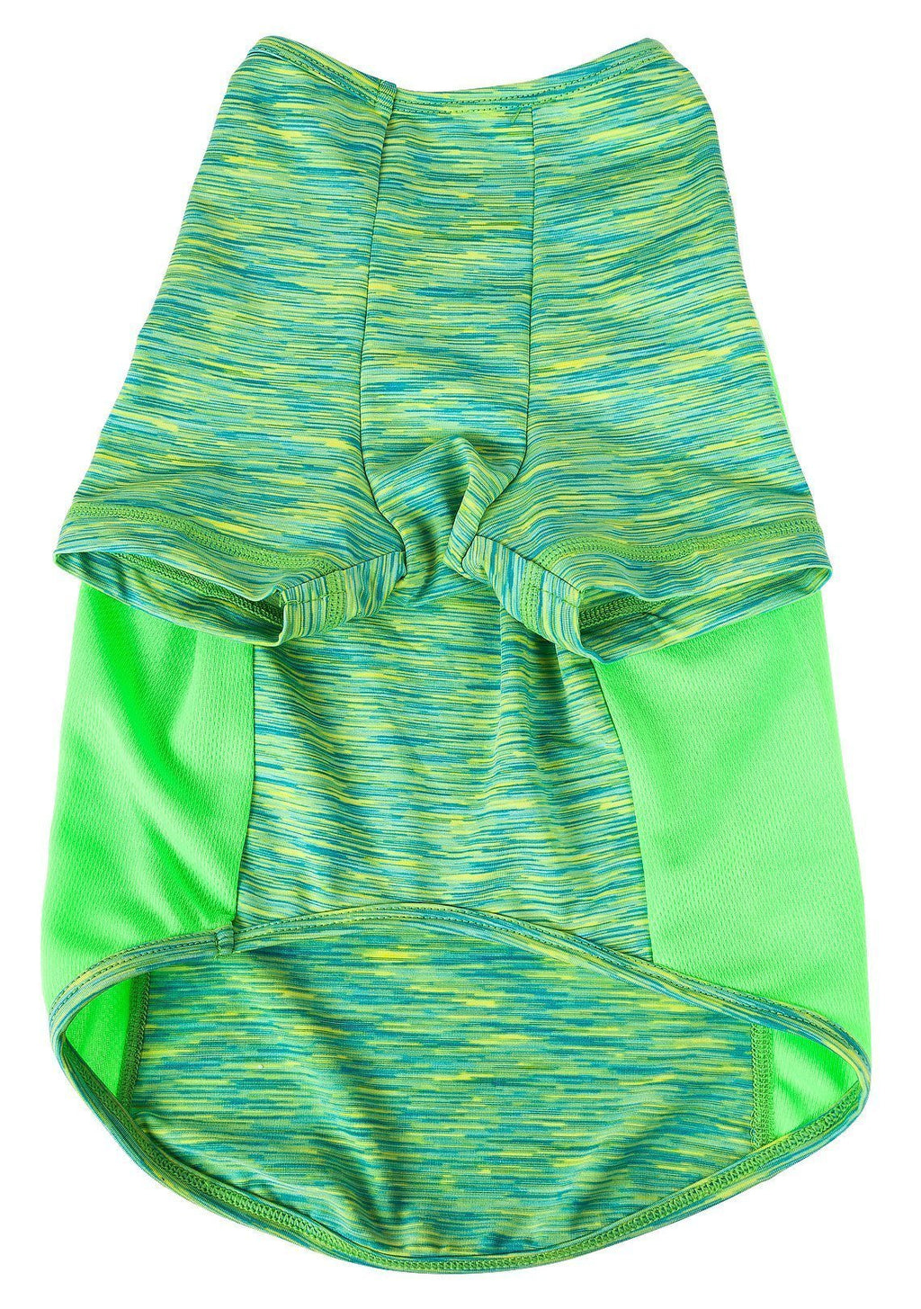 Green heather dog yoga T-shirt folded back view with neon green edging