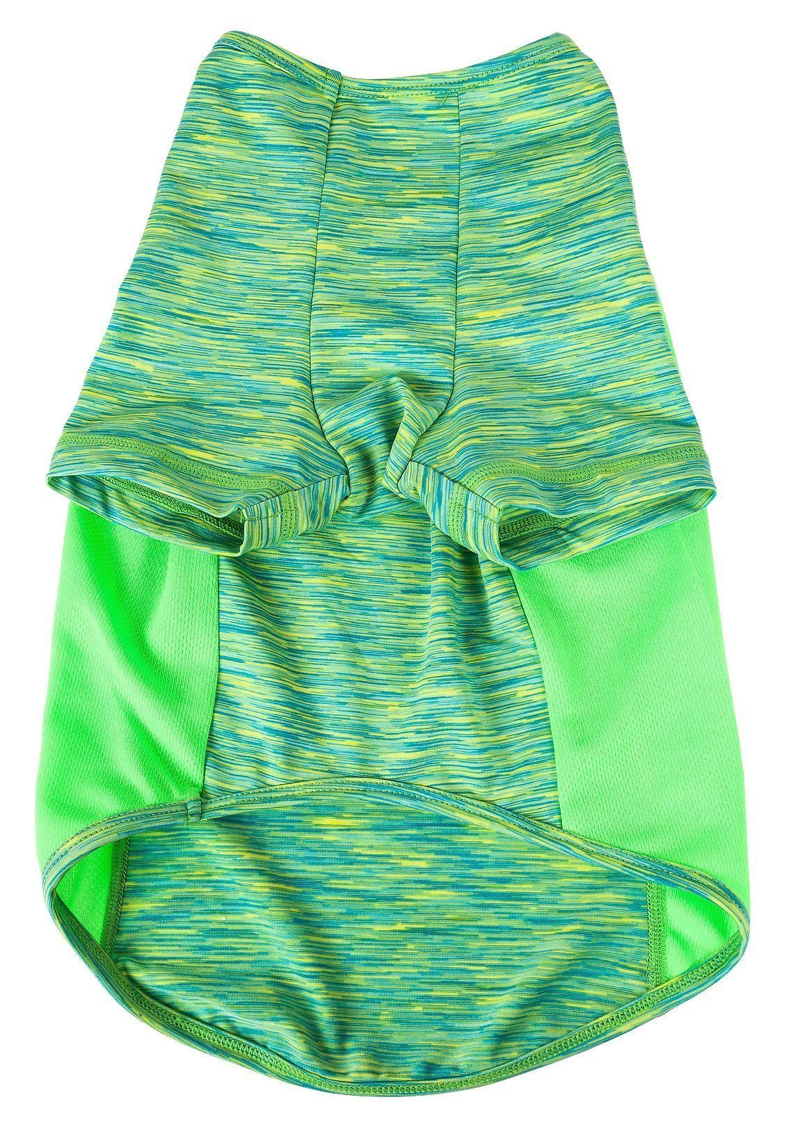 Green heather dog yoga T-shirt folded back view with neon green edging