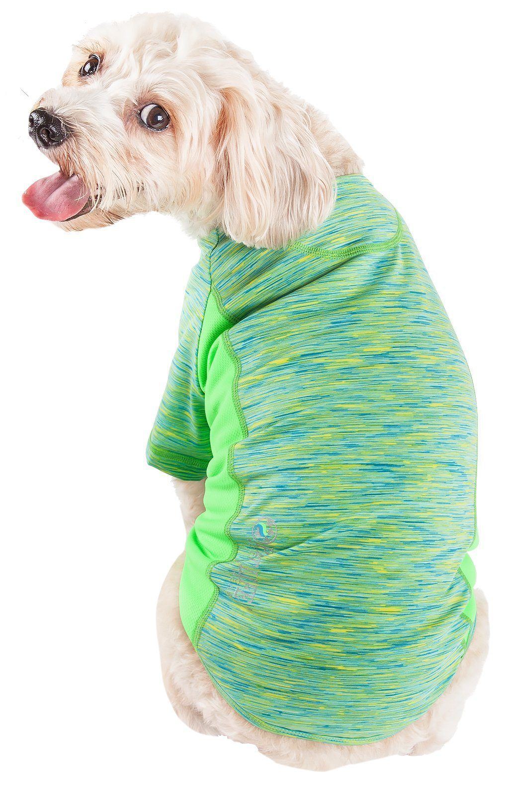 Neon green heather dog t-shirt with bright green trim, short sleeves, scoop neck