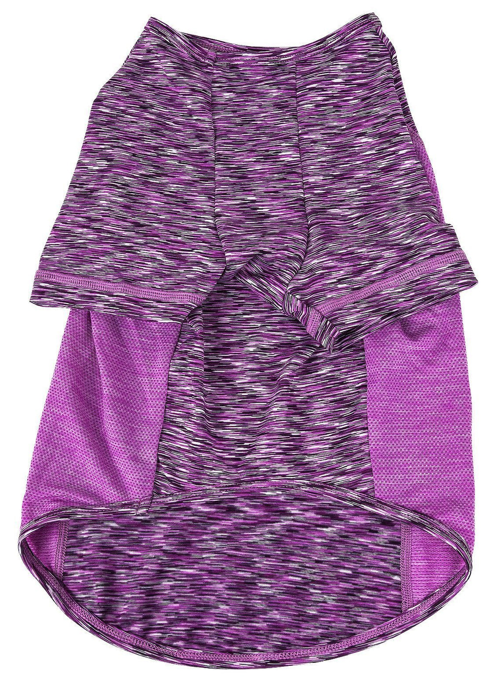 Purple heather dog t-shirt with purple waistband and sleeves, side view