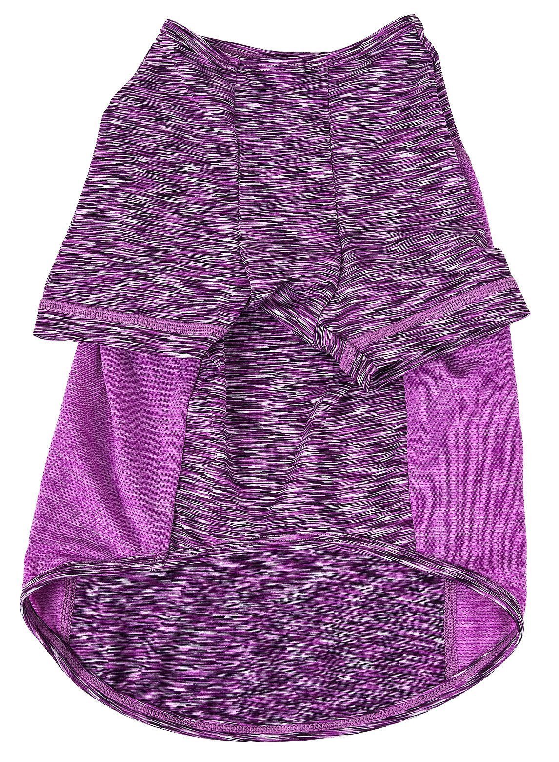 Purple heather dog t-shirt with purple waistband and sleeves, side view