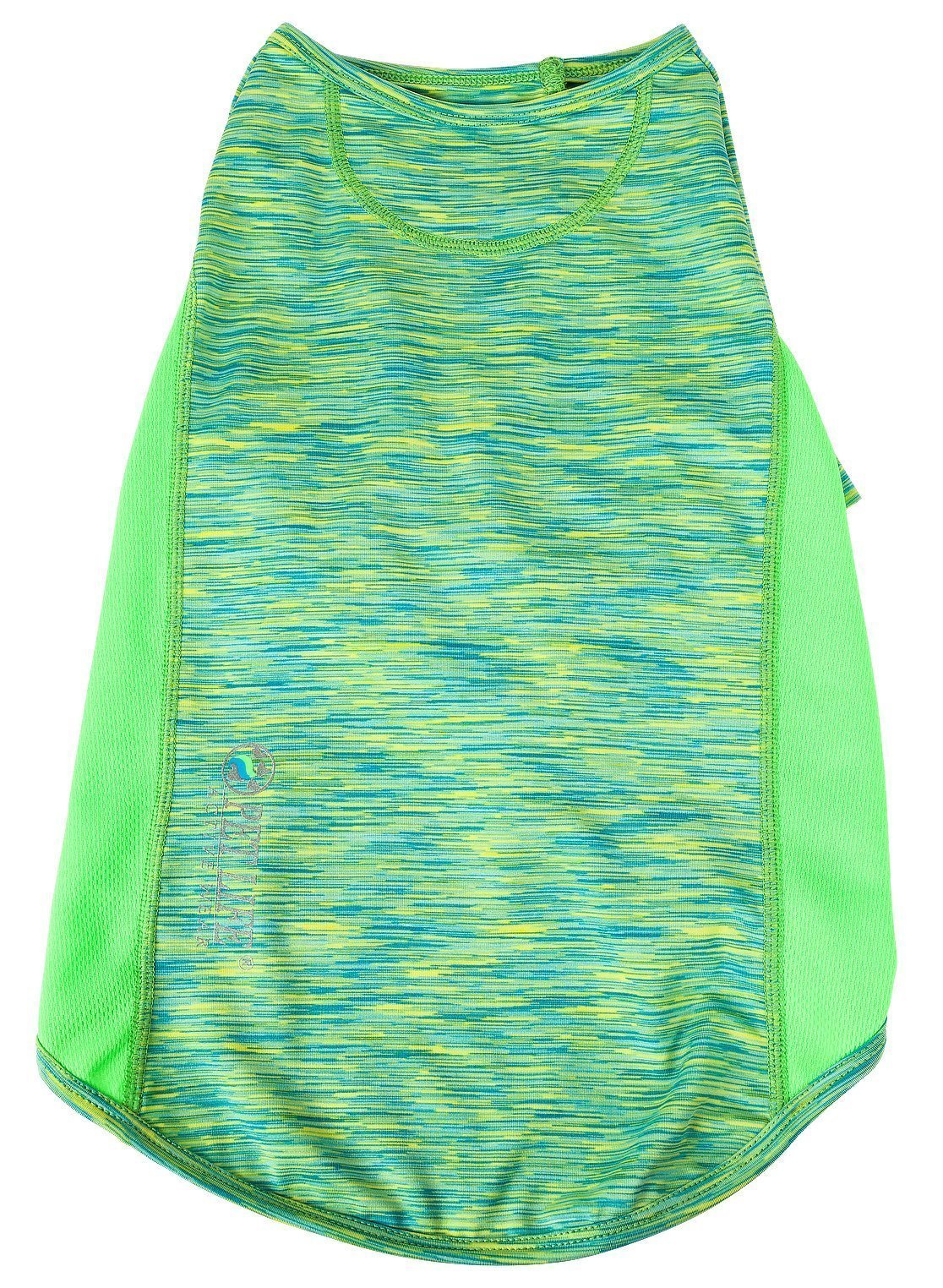 Green heather dog T-shirt, scoop neckline with neon green trim and back panel