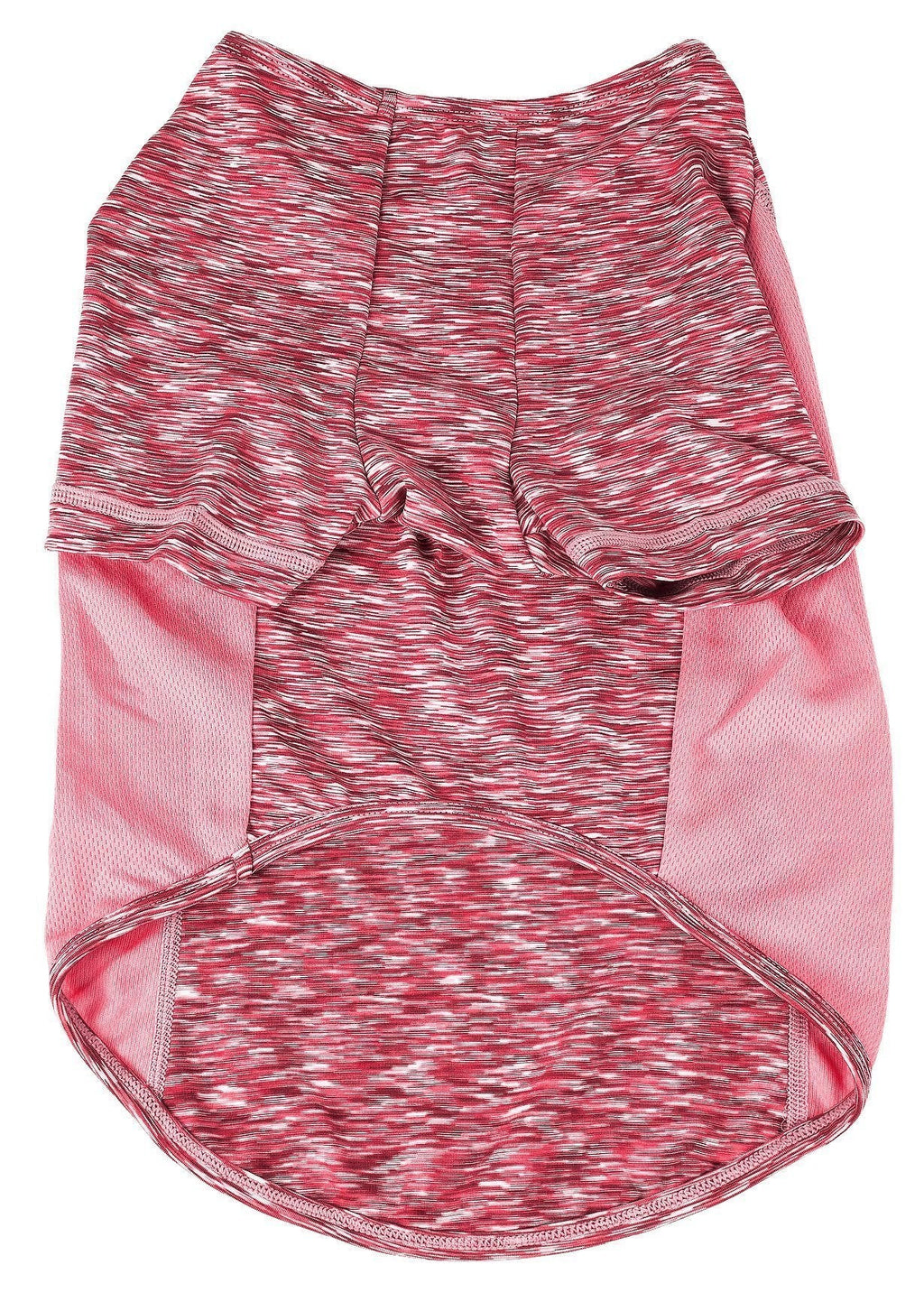Pink heather dog t-shirt with pink side panels and hem, back view