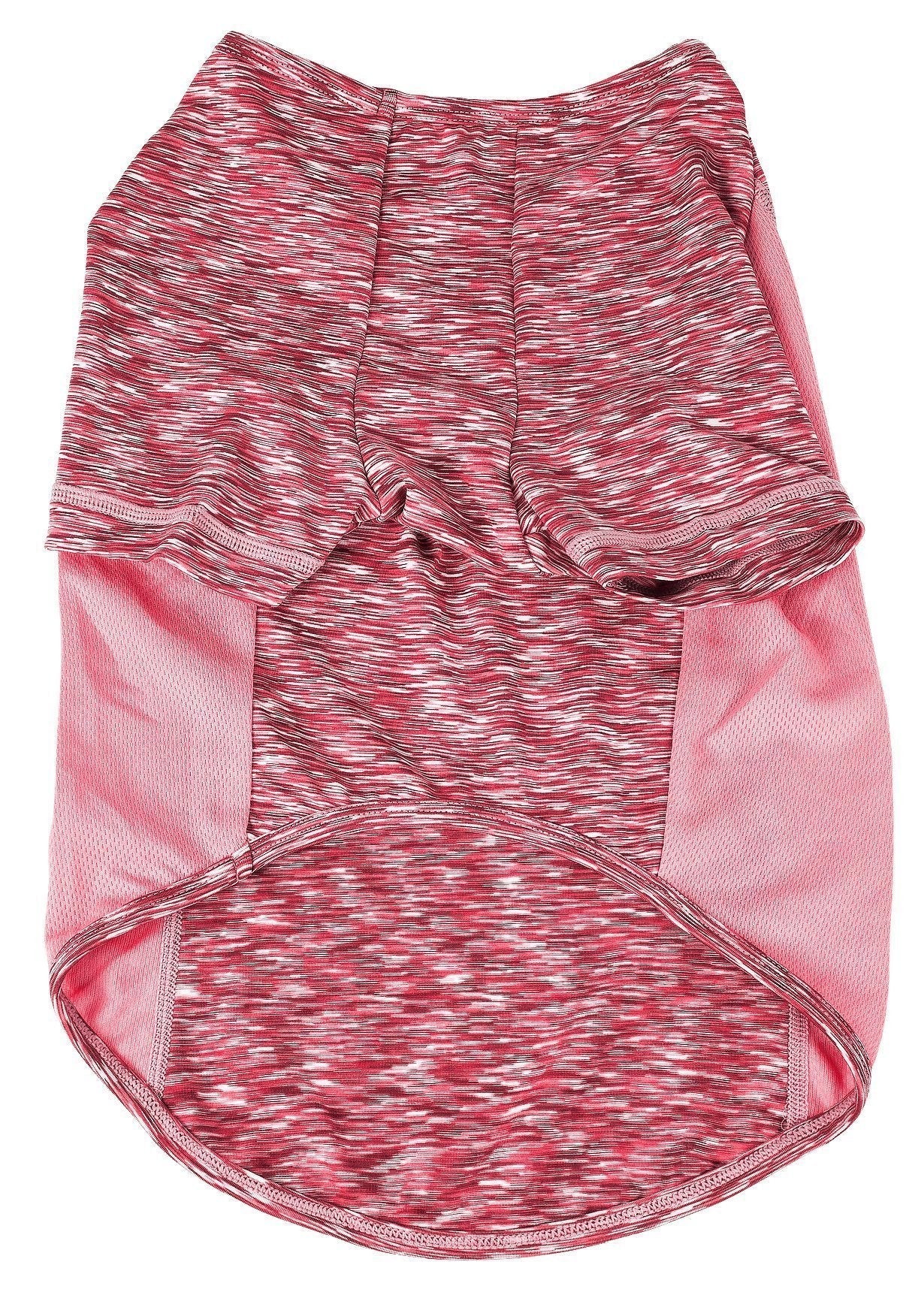 Pink heather dog t-shirt with pink side panels and hem, back view