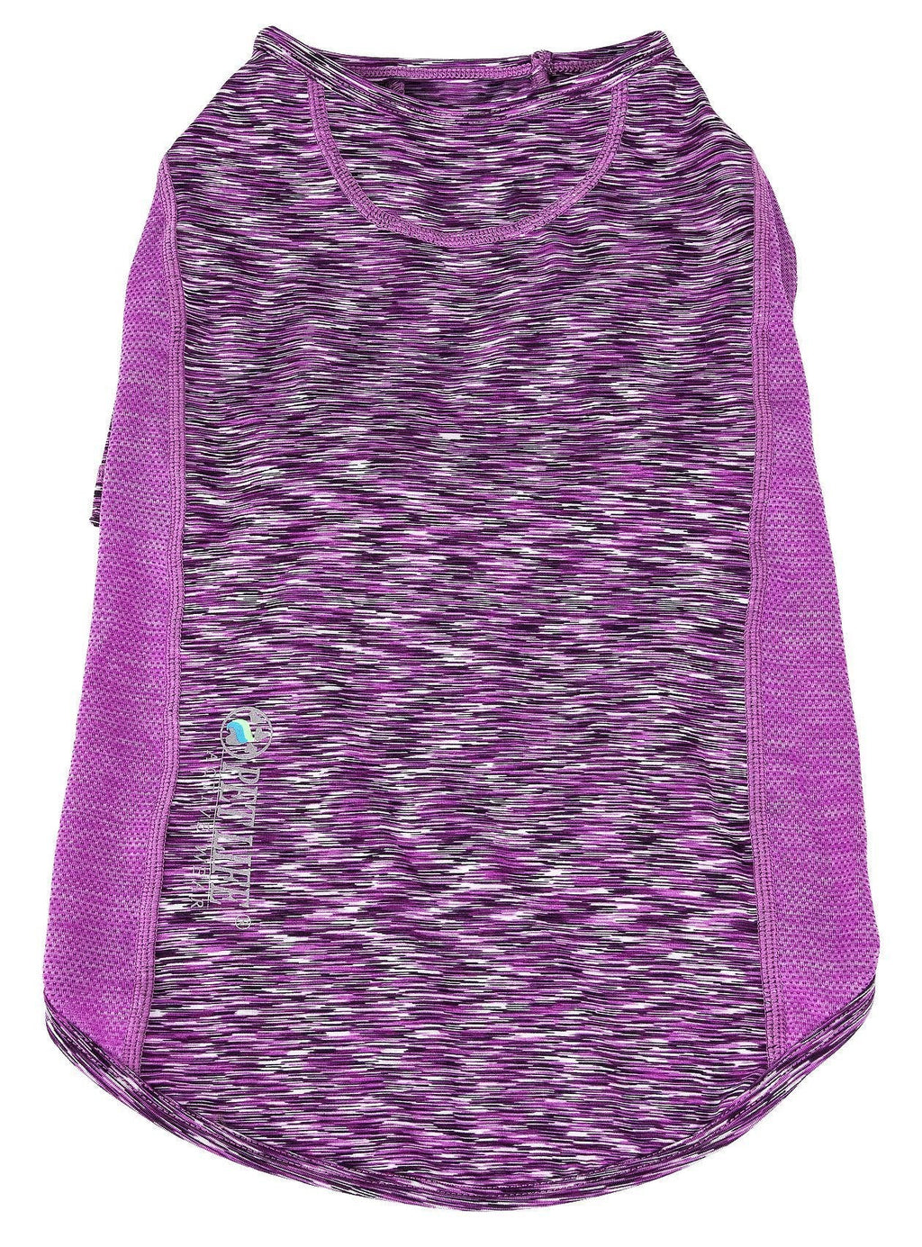 Purple heather dog t-shirt with bright purple trim, short sleeves, scoop neck