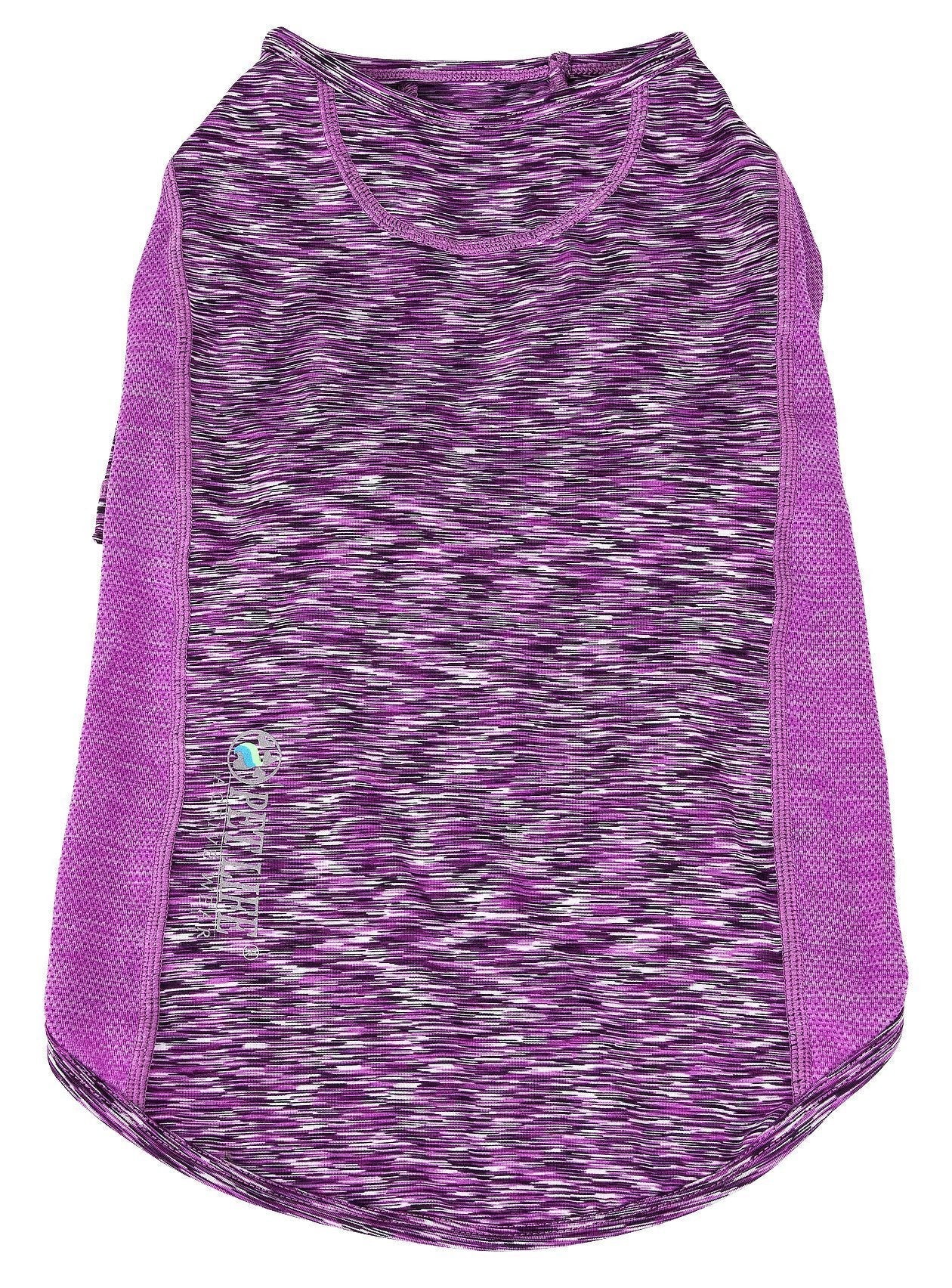 Purple heather dog t-shirt with bright purple trim, short sleeves, scoop neck