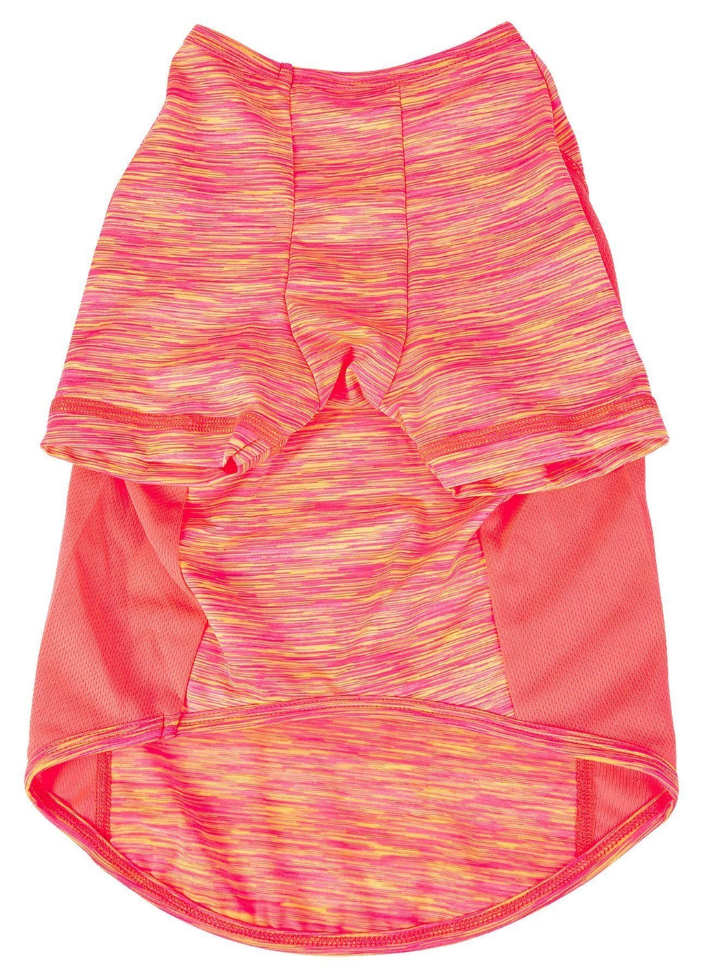 Pink heather dog yoga T-shirt back view with layered hem and contrast trim