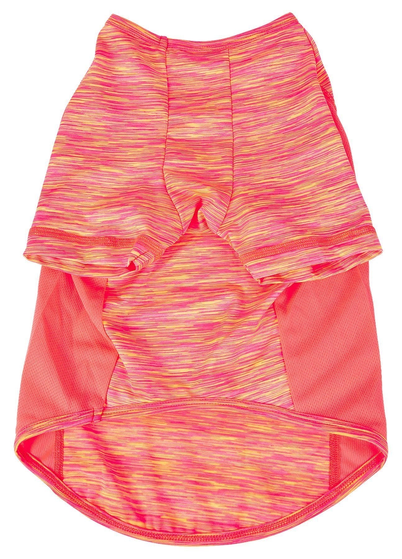 Pink heather dog yoga T-shirt back view with layered hem and contrast trim
