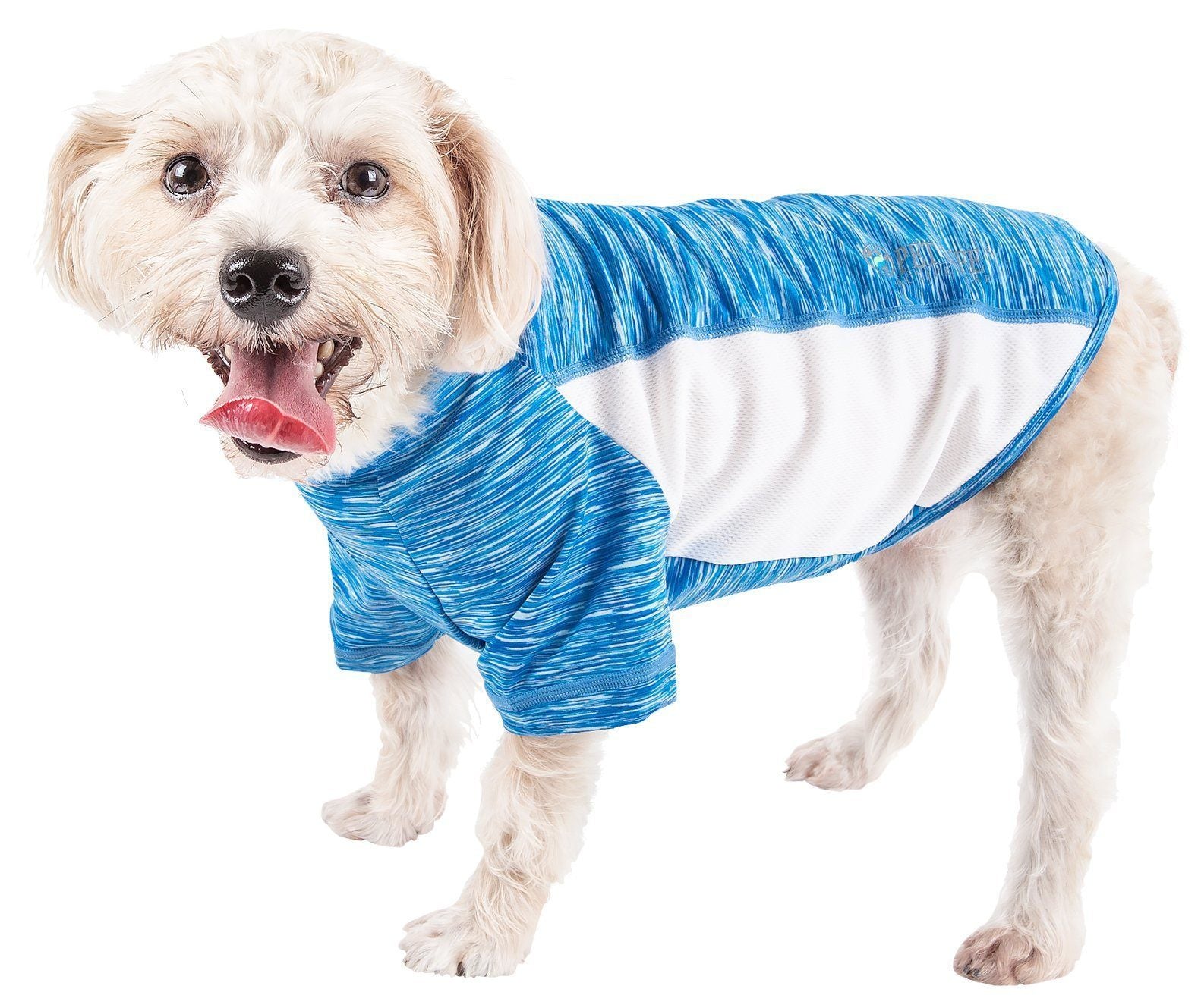 Blue heather ultra-stretch dog yoga T-shirt with white contrast back panel