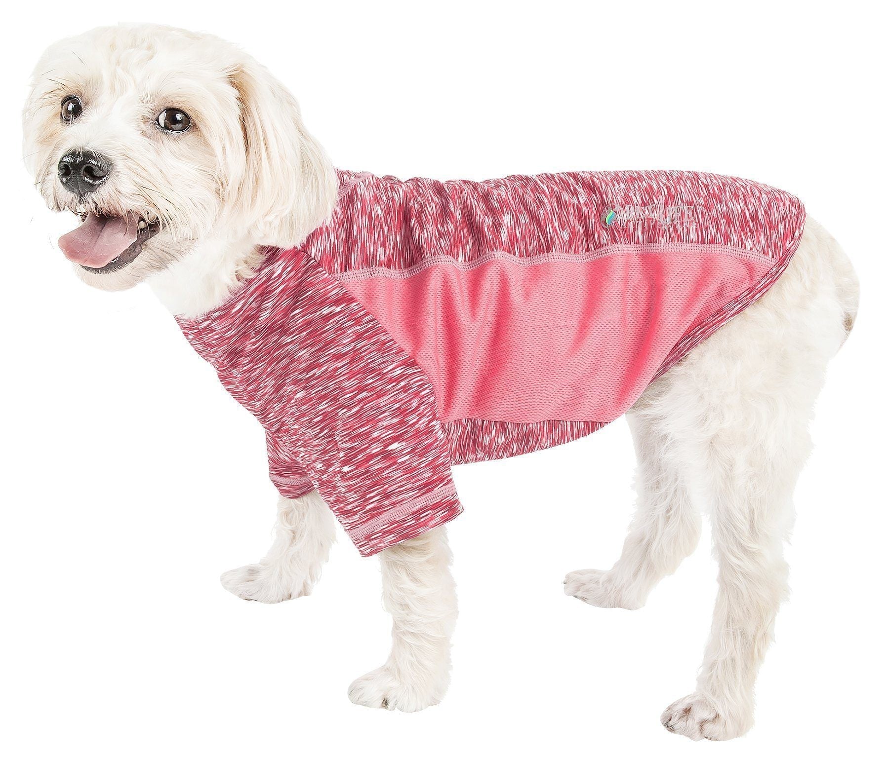 Pink heather ultra-stretch dog yoga T-shirt with darker pink speckle detailing