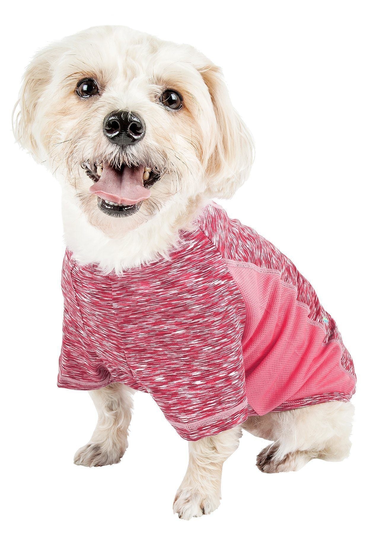Pink heather dog yoga T-shirt with breathable side panels, crew neck