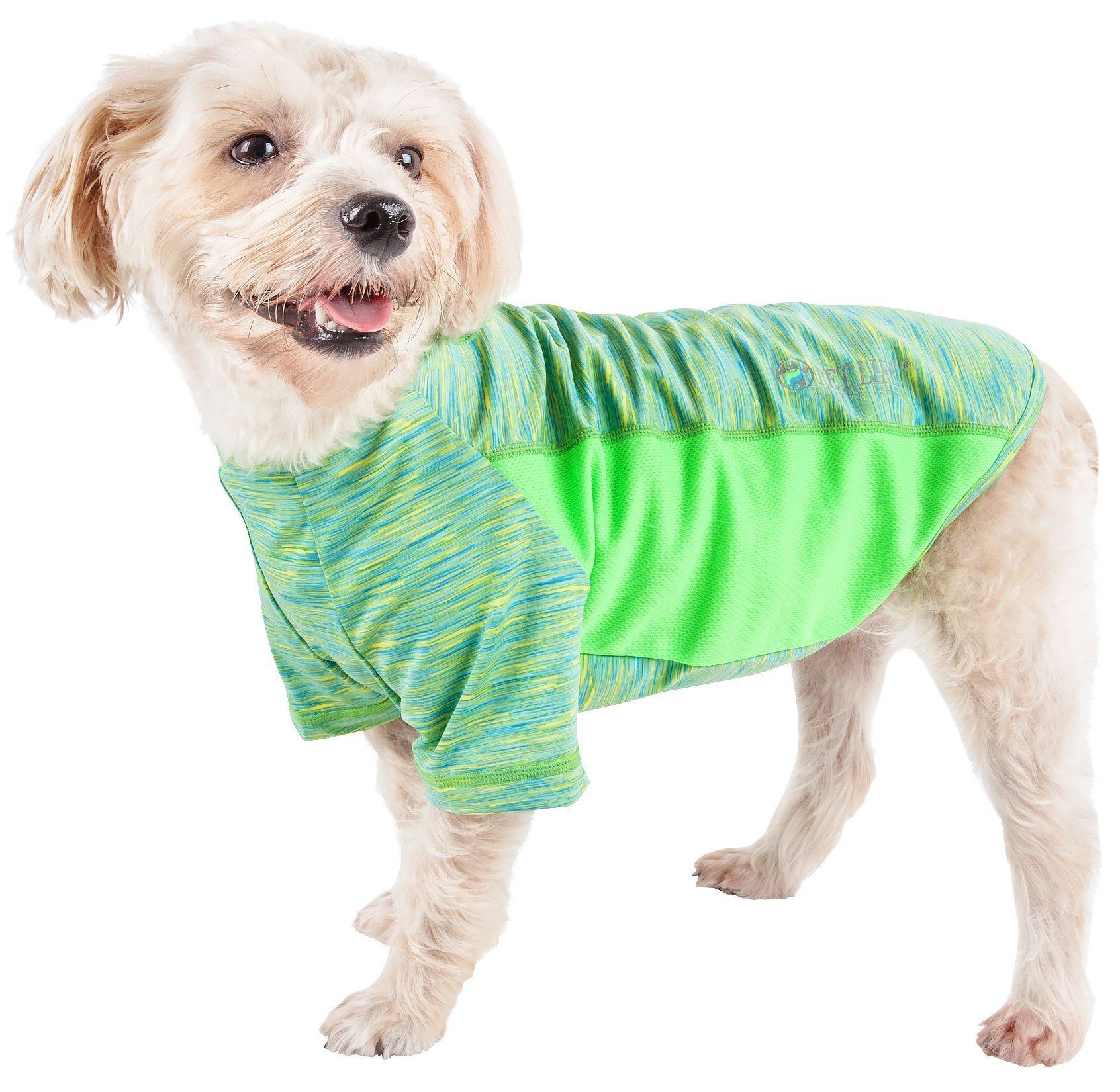 Green heather ultra-stretch dog yoga T-shirt with bright neon green trim