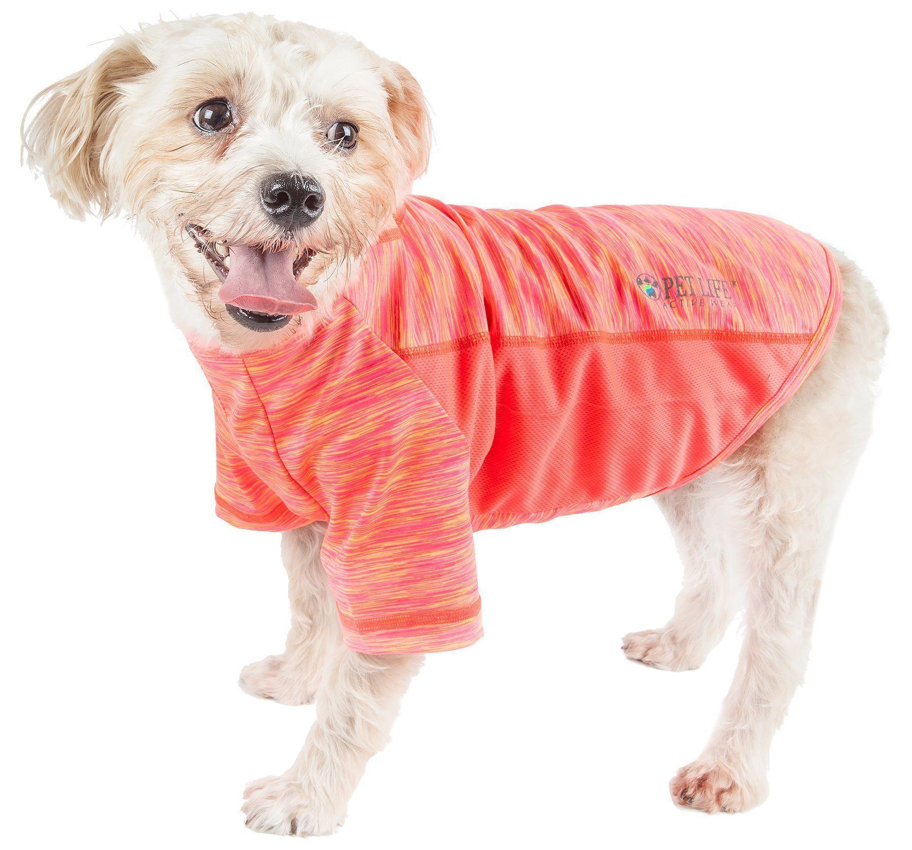 Neon orange heather ultra-stretch dog yoga T-shirt with pinkish-orange stripe pattern