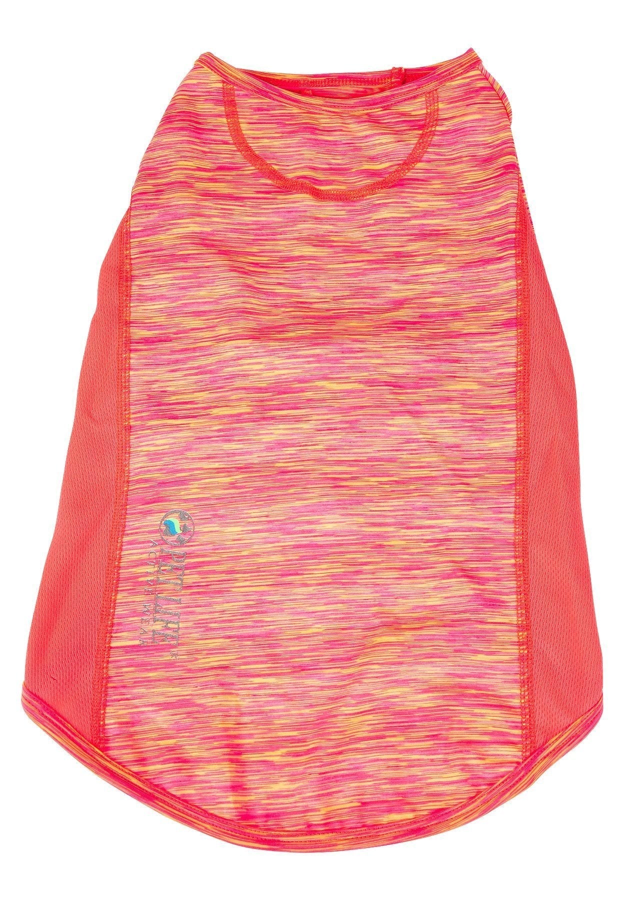 Pink heather dog yoga T-shirt with scoop neckline and pink-orange speckled fabric