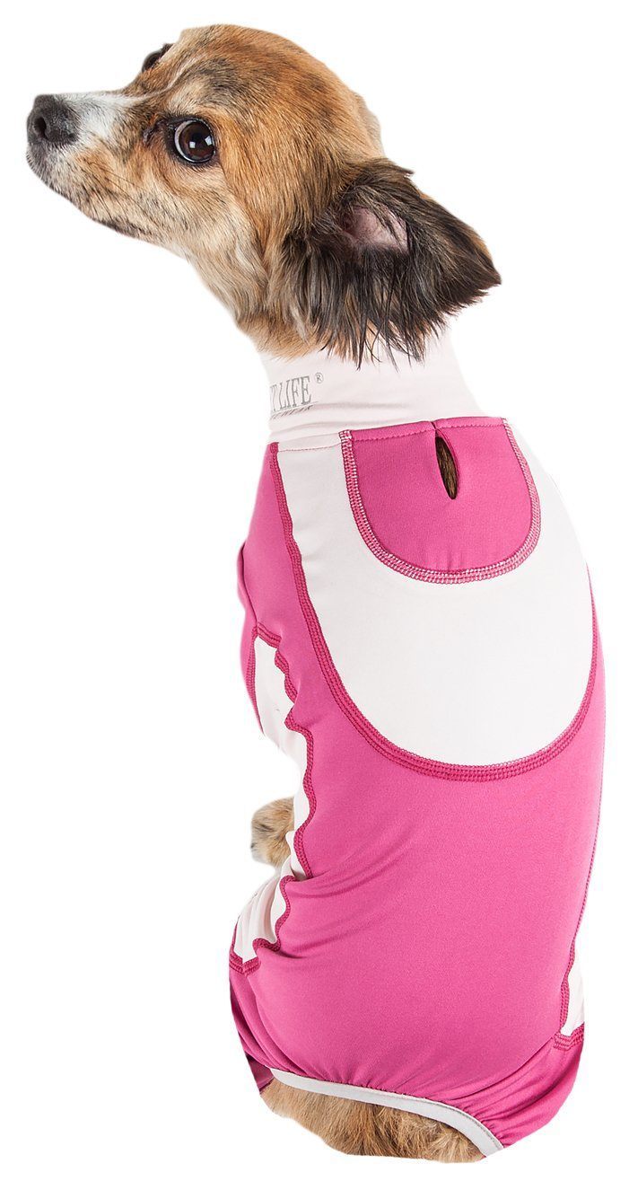 Hot pink and white dog warm-up tracksuit with hooded neck pocket