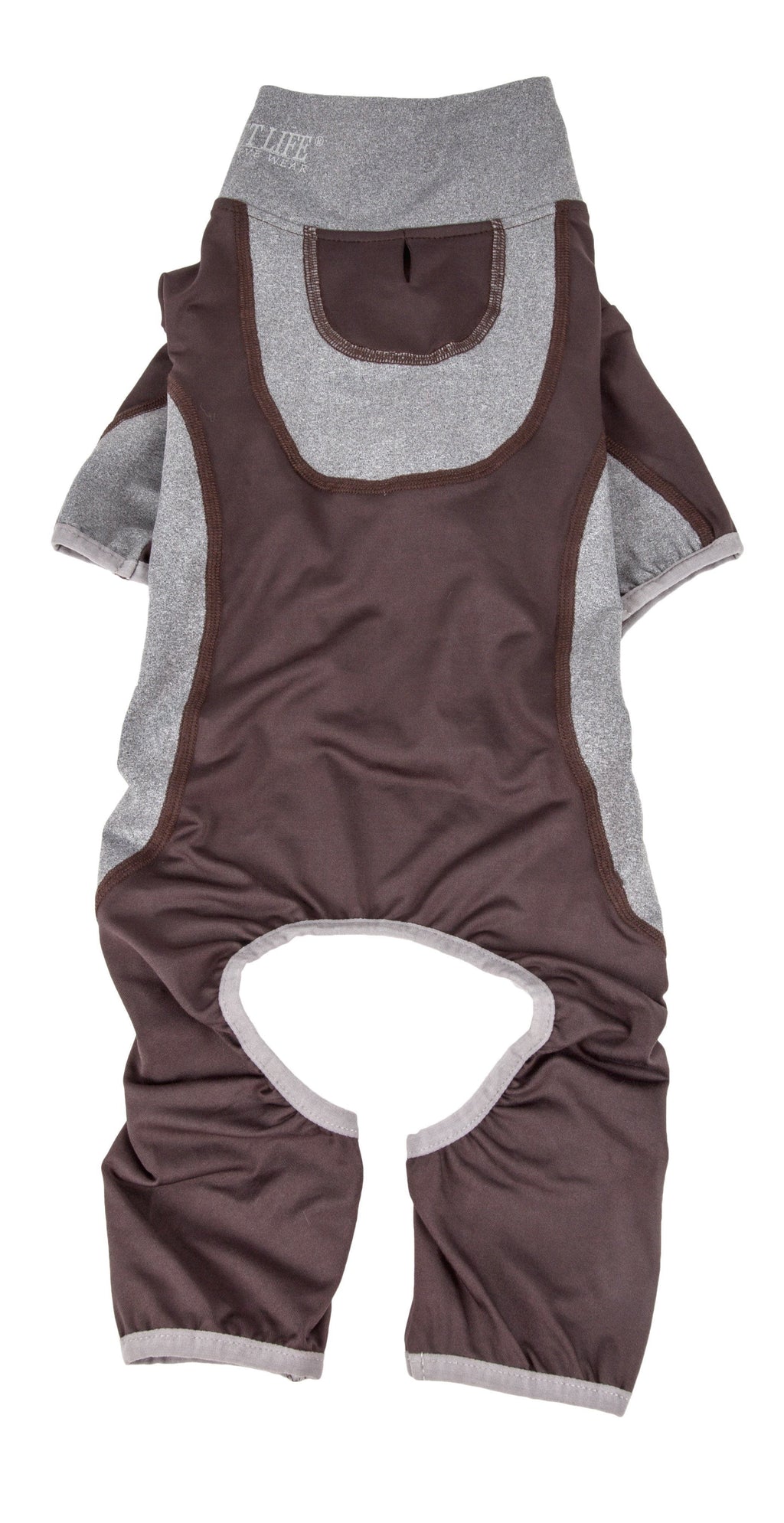 Brown dog tracksuit with heather-gray back and chest pouch opening