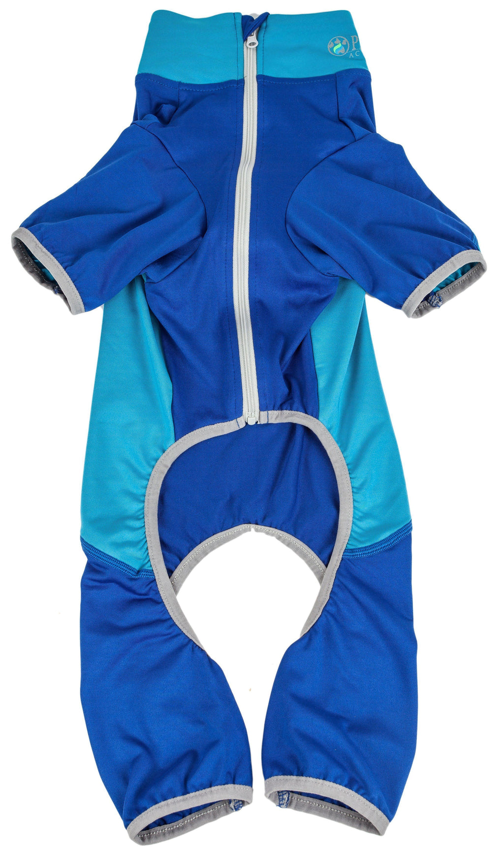 Blue dog stretch tracksuit with front zipper and gray-trimmed belly opening