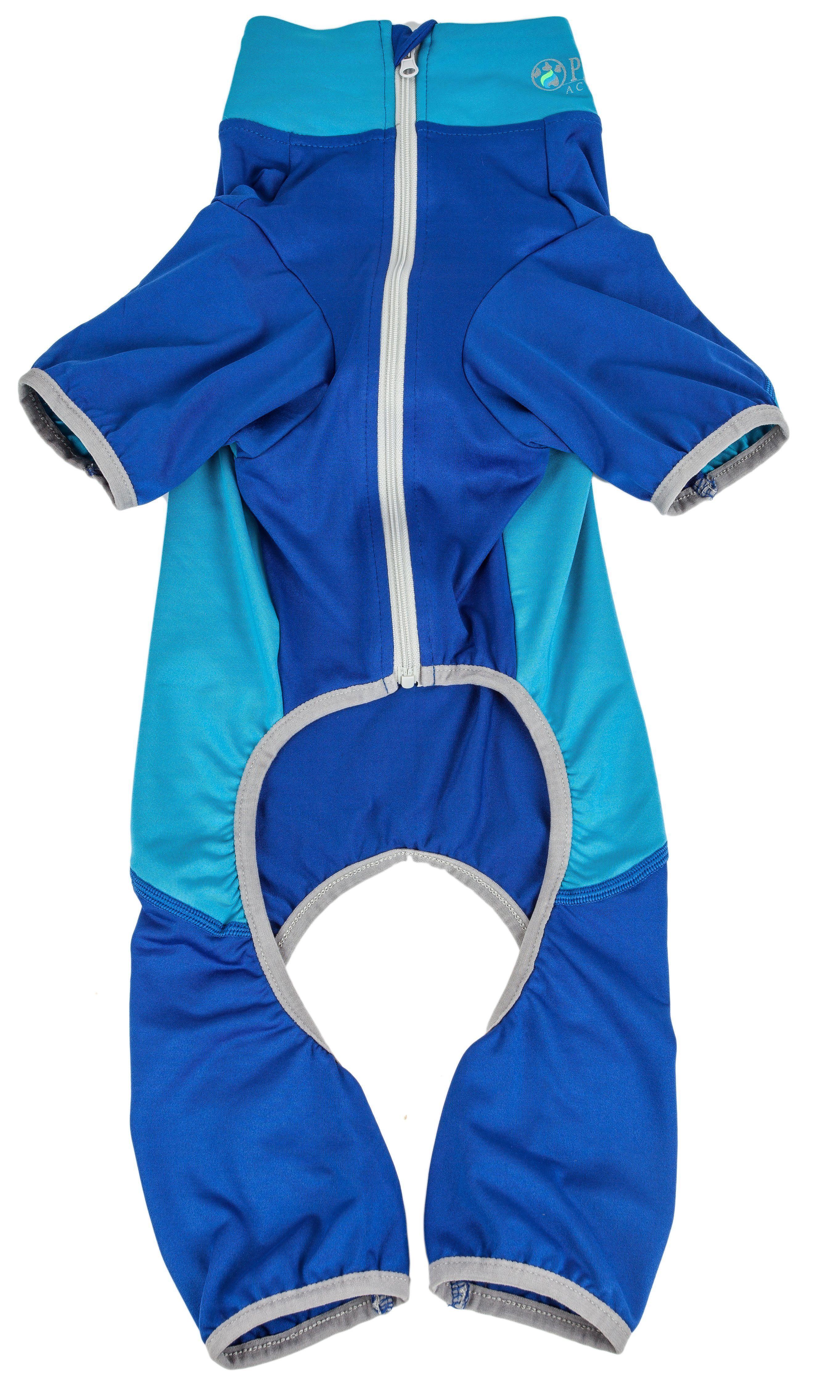 Blue dog stretch tracksuit with front zipper and gray-trimmed belly opening