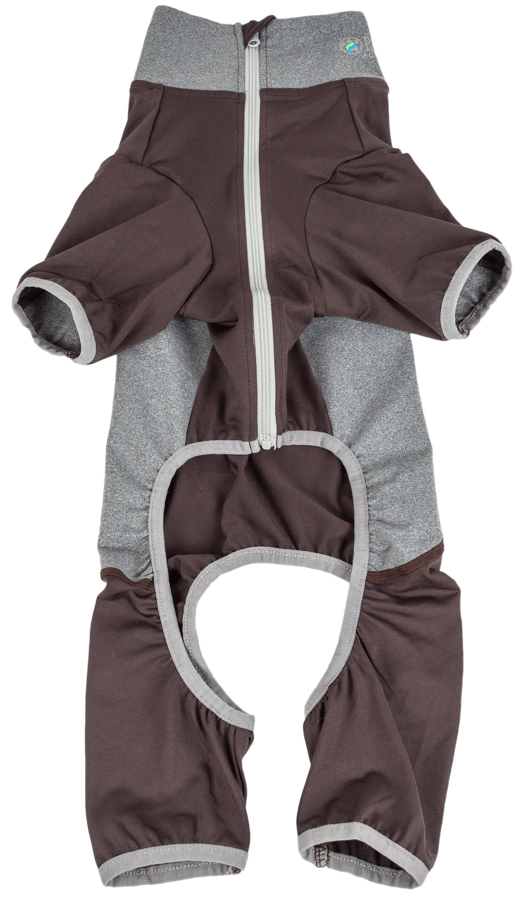 Brown and heather-gray zip dog tracksuit with heart-shaped belly opening