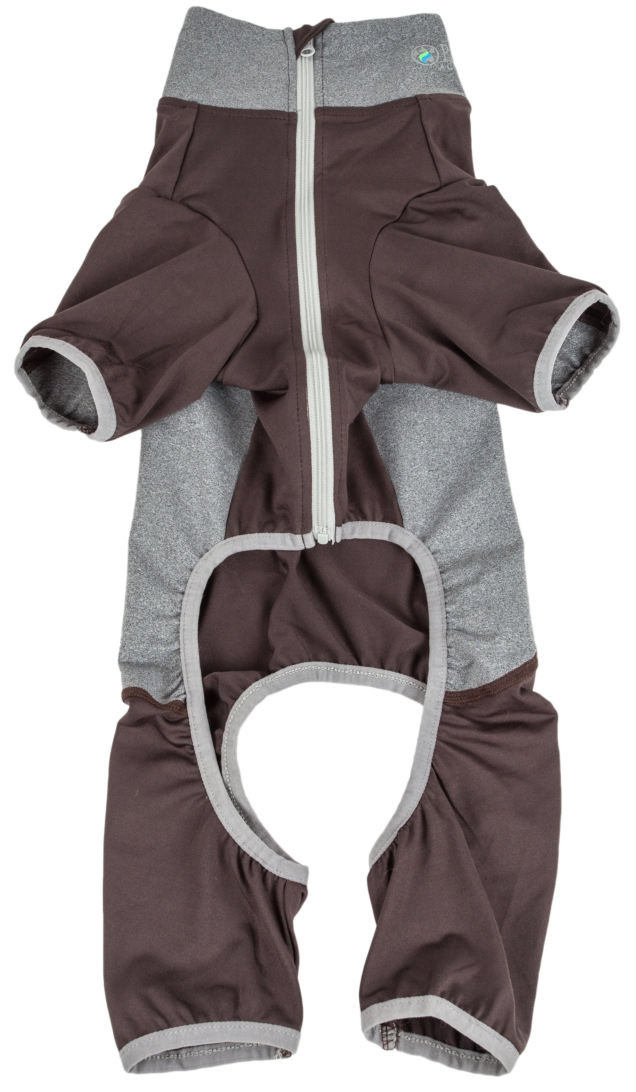 Brown and heather-gray zip dog tracksuit with heart-shaped belly opening