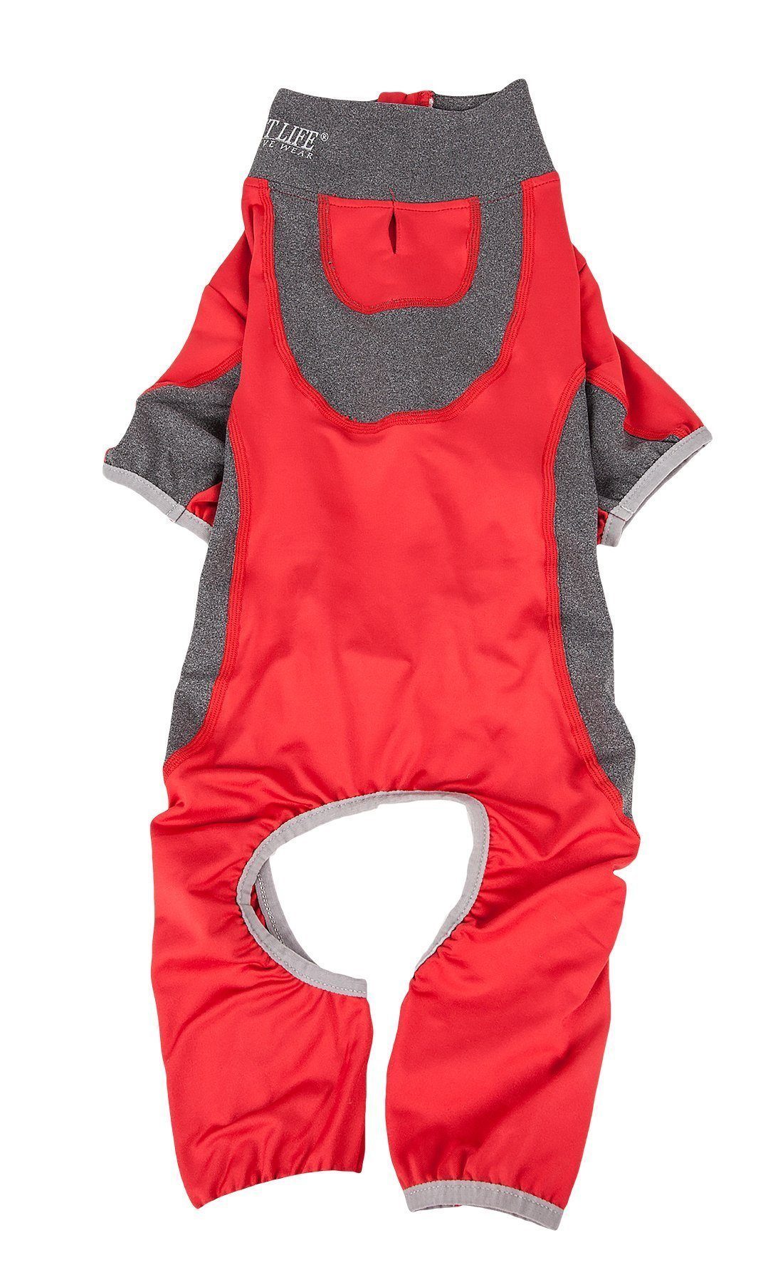 Red and dark gray dog tracksuit with chest pocket opening and short sleeve design