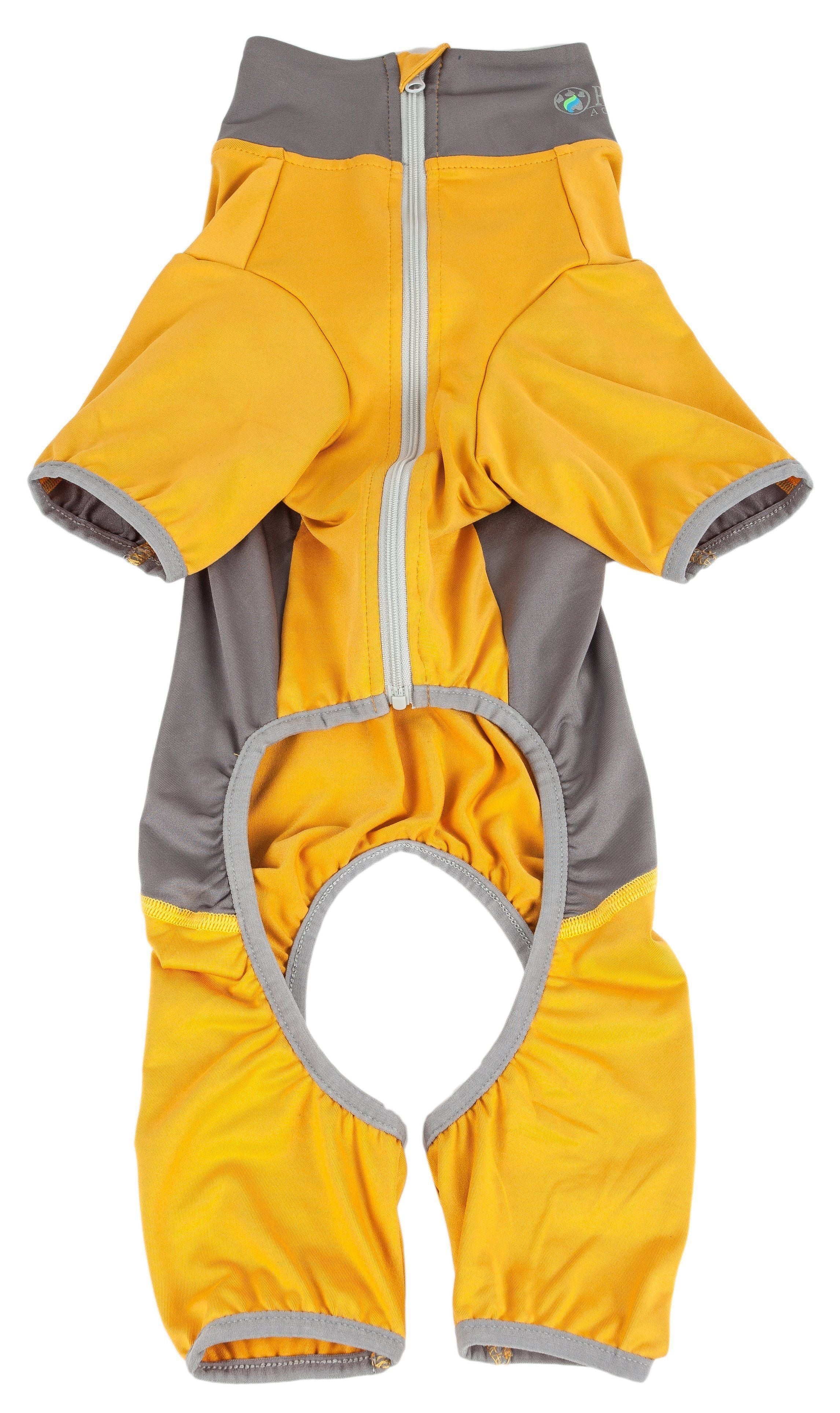 Bright yellow dog yoga tracksuit with gray side panels and center front zipper