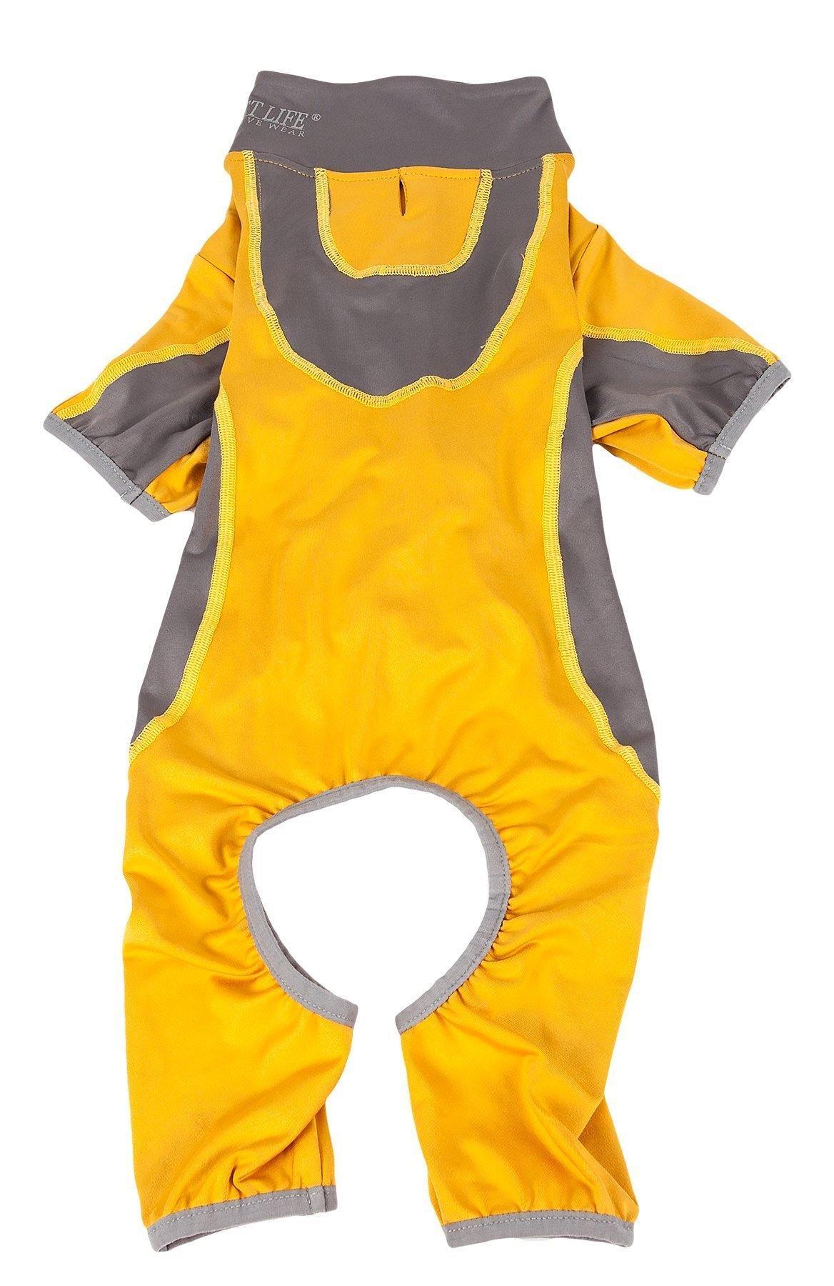 Yellow and gray dog warm-up jumpsuit with scoop belly opening and short sleeves