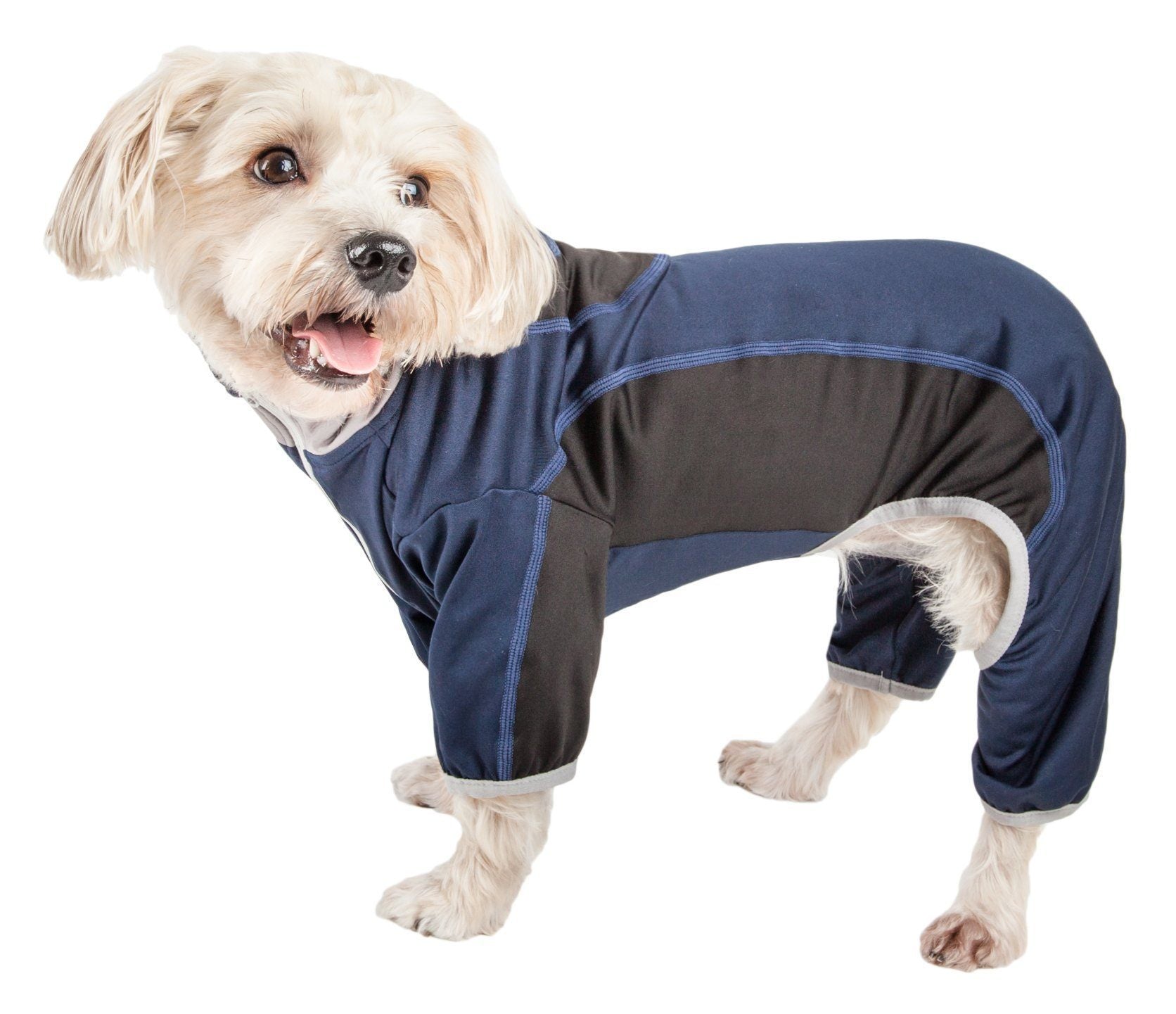 Dog yoga warm-up tracksuit in navy with dark gray paneling and elastic leg openings