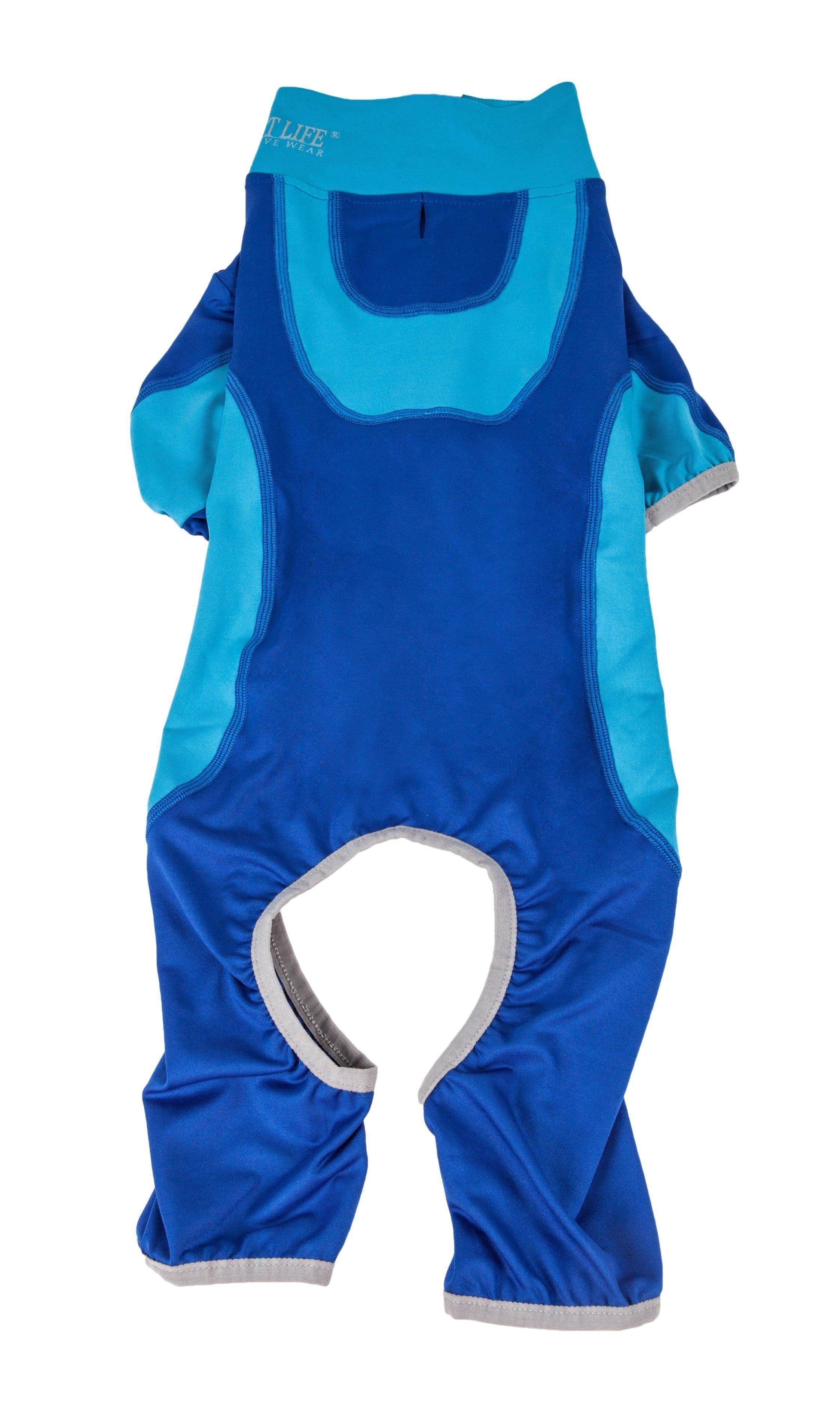 Bright blue dog tracksuit with navy accents, front pocket opening, and heart-shaped belly cutout