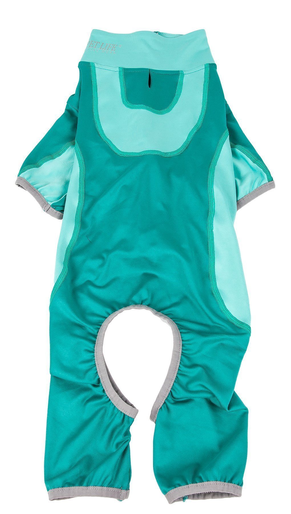 Teal dog stretch jumpsuit with front zipper and white-gray belly opening