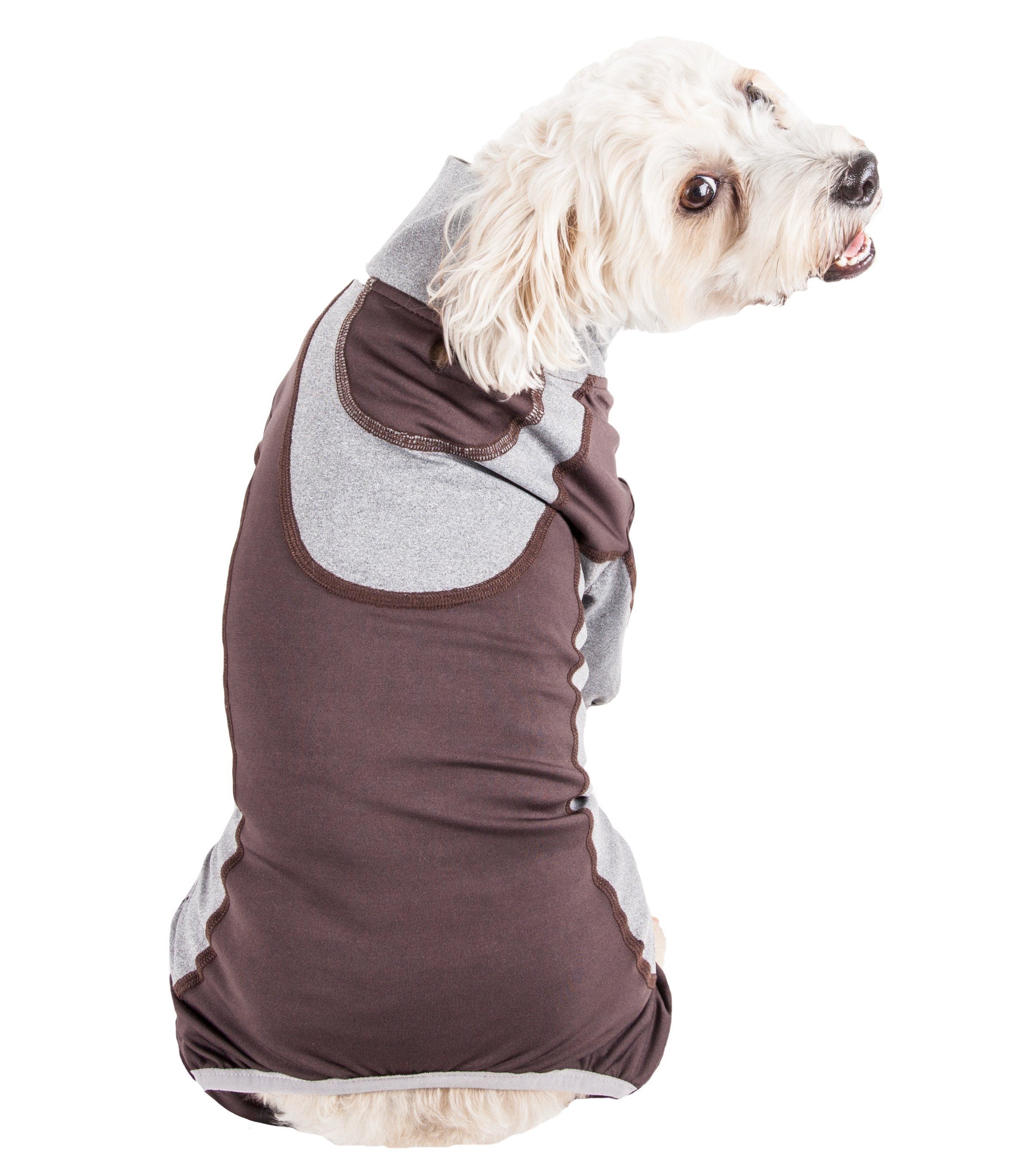 Brown and gray dog fitness warm-up tracksuit with hooded neck pocket