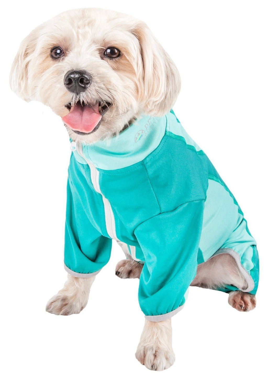 Dog yoga tracksuit with hoodie, teal top and lighter teal paneling