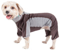 Dog yoga warm-up tracksuit in dark brown and gray color-block with elastic cuffs