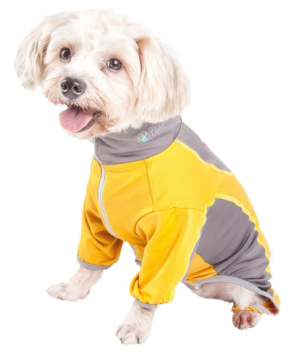 Dog yoga tracksuit with hoodie, yellow body and gray sleeves