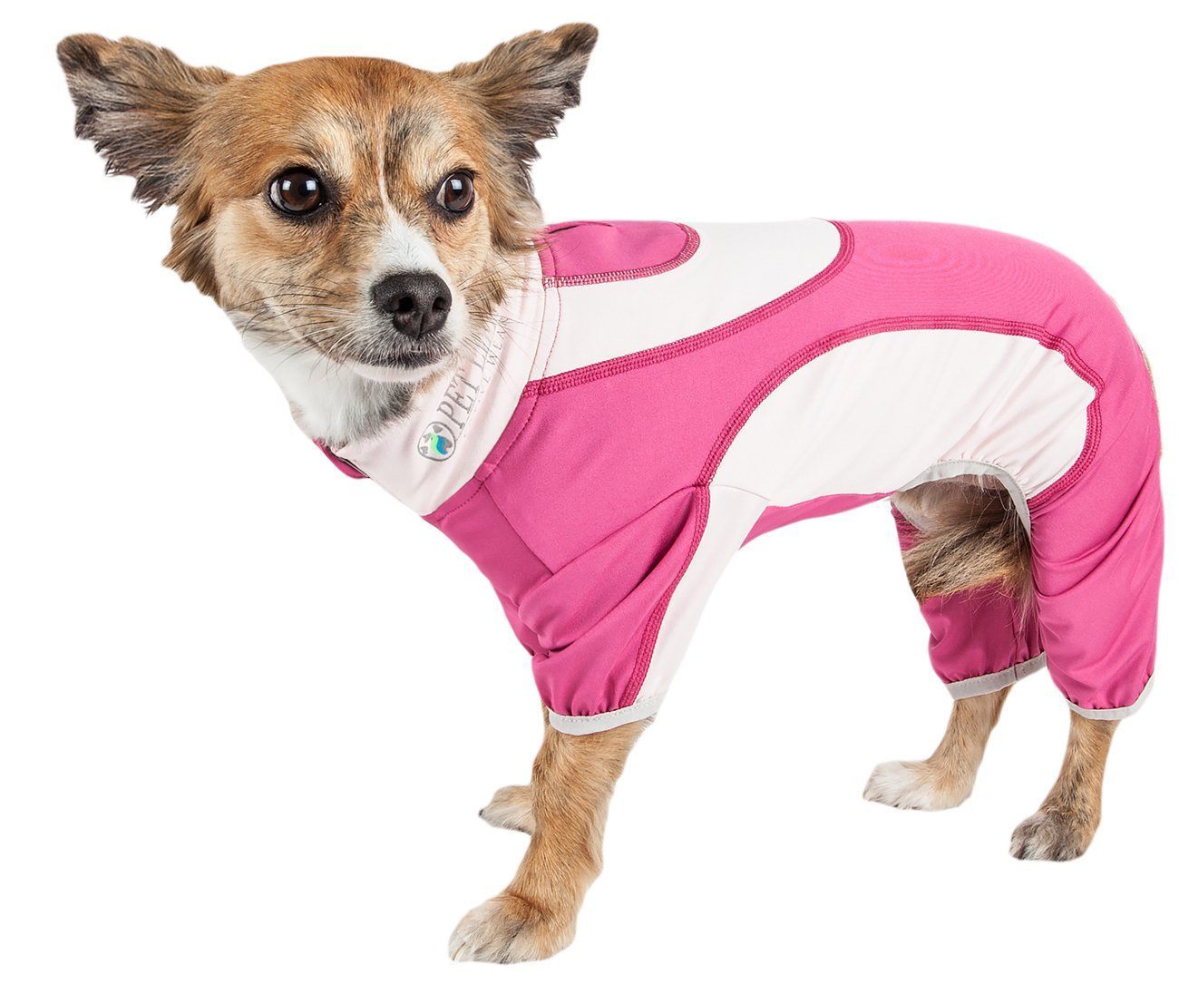 Dog yoga warm-up tracksuit in hot pink with white/gray paneling and elbow cutout