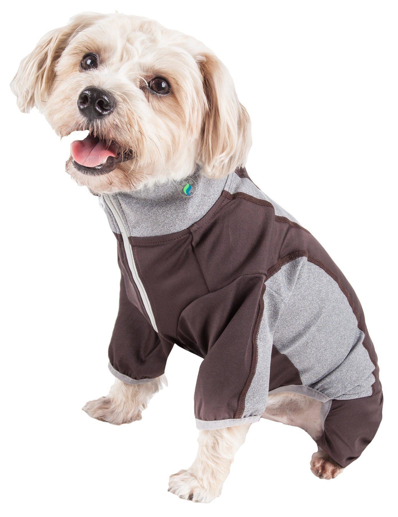 Brown and gray dog fitness jumpsuit with front zipper and gray-trimmed belly opening